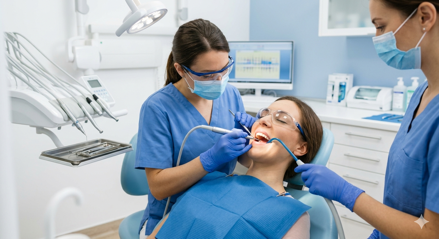 Servicios Odontólogo realizando limpieza dental para eliminar placa en clínica moderna