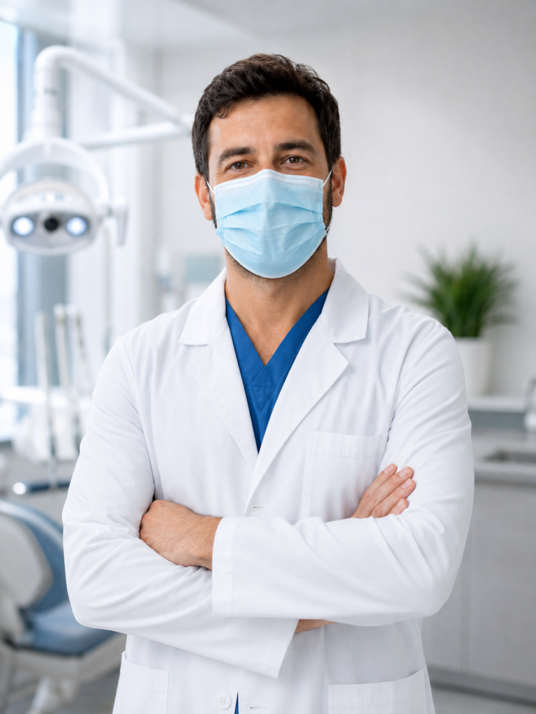 Contacto Odontólogo profesional con tapabocas y bata blanca en una clínica dental moderna