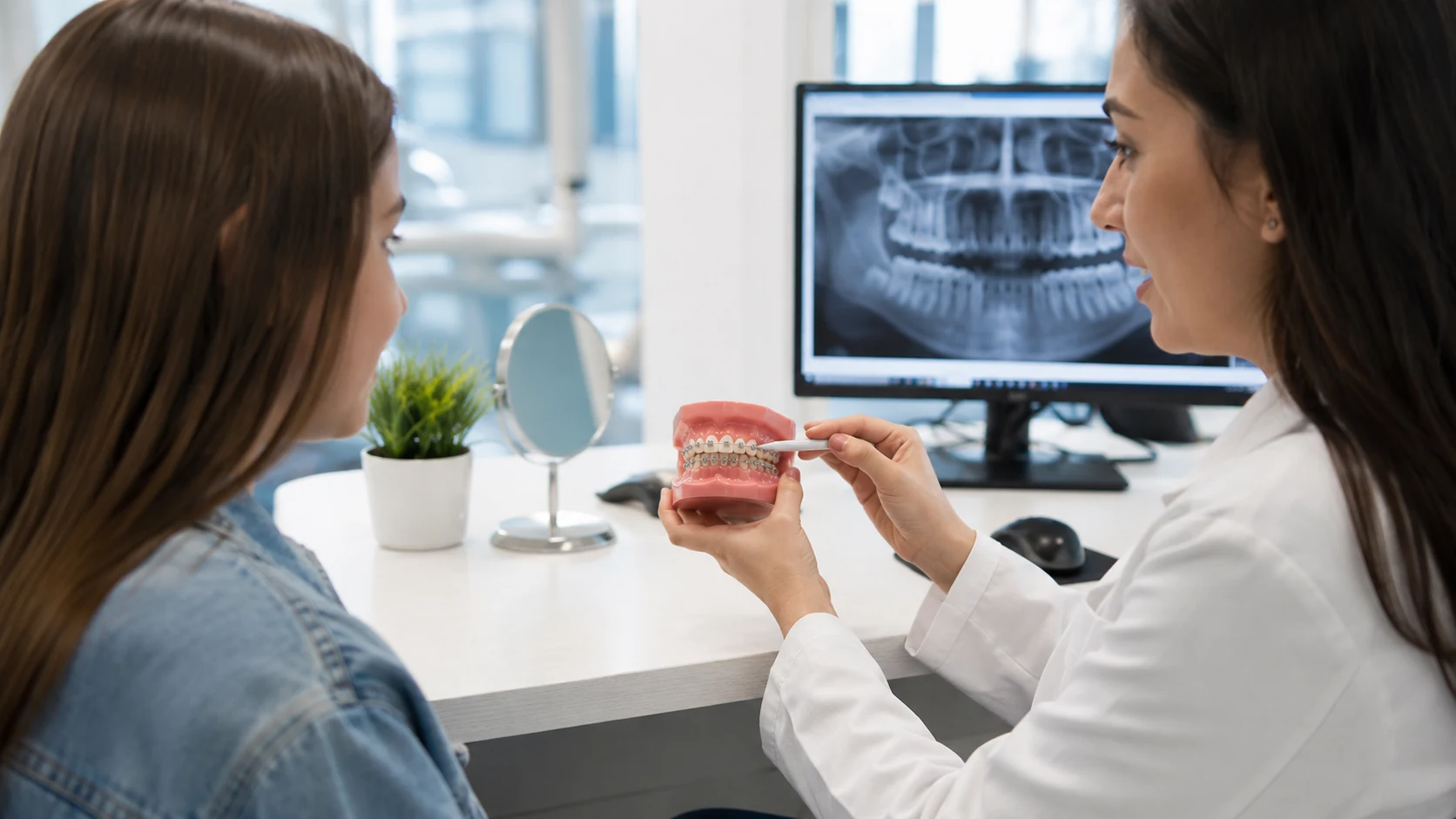 Adolescente revisando opciones de brackets durante una valoración de ortodoncia