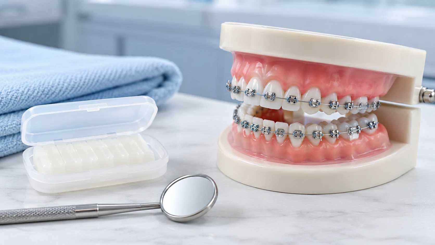 Modelo dental con brackets, espejo y cera ortodóntica para explicar cuidados diarios