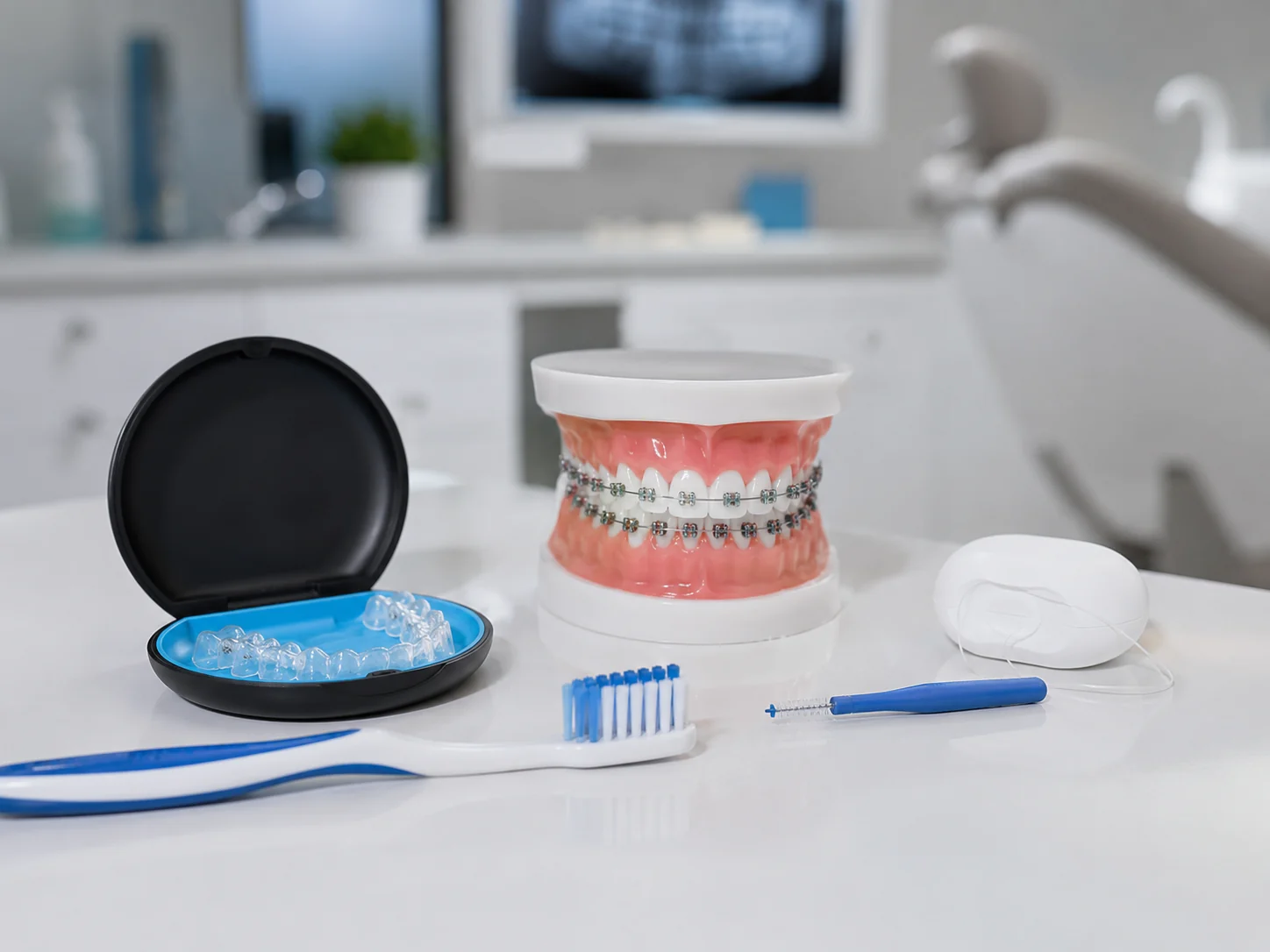 Modelo dental con brackets, alineadores y herramientas de higiene para ortodoncia