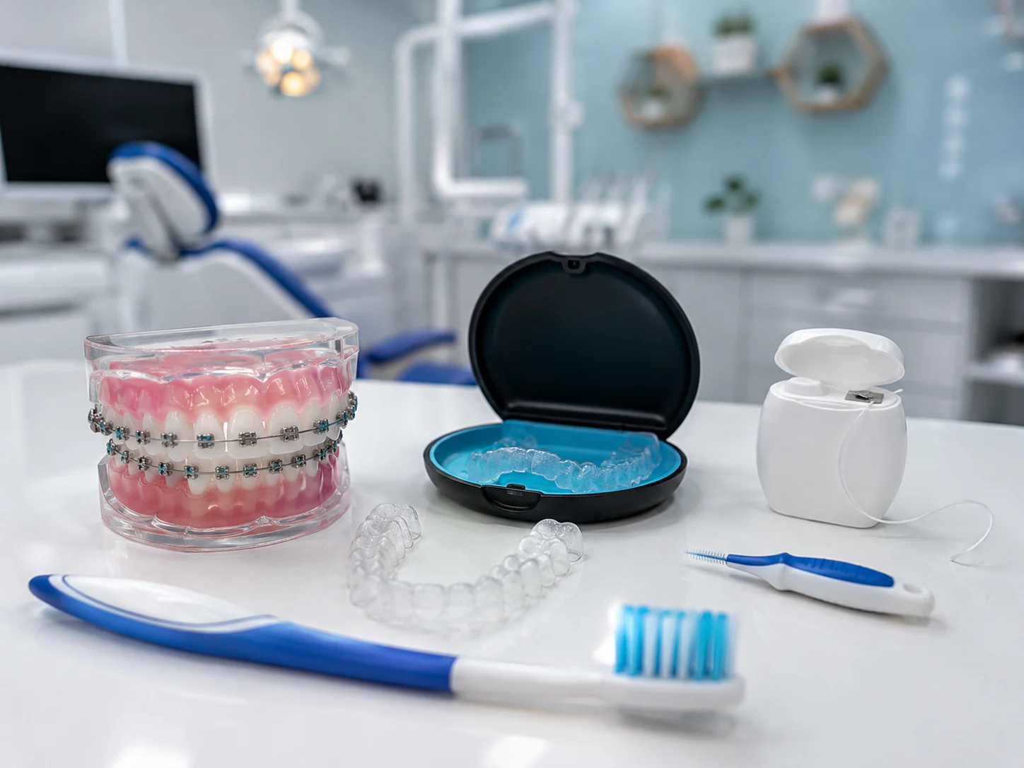 Cepillo, seda dental y alineador para cuidado de ortodoncia