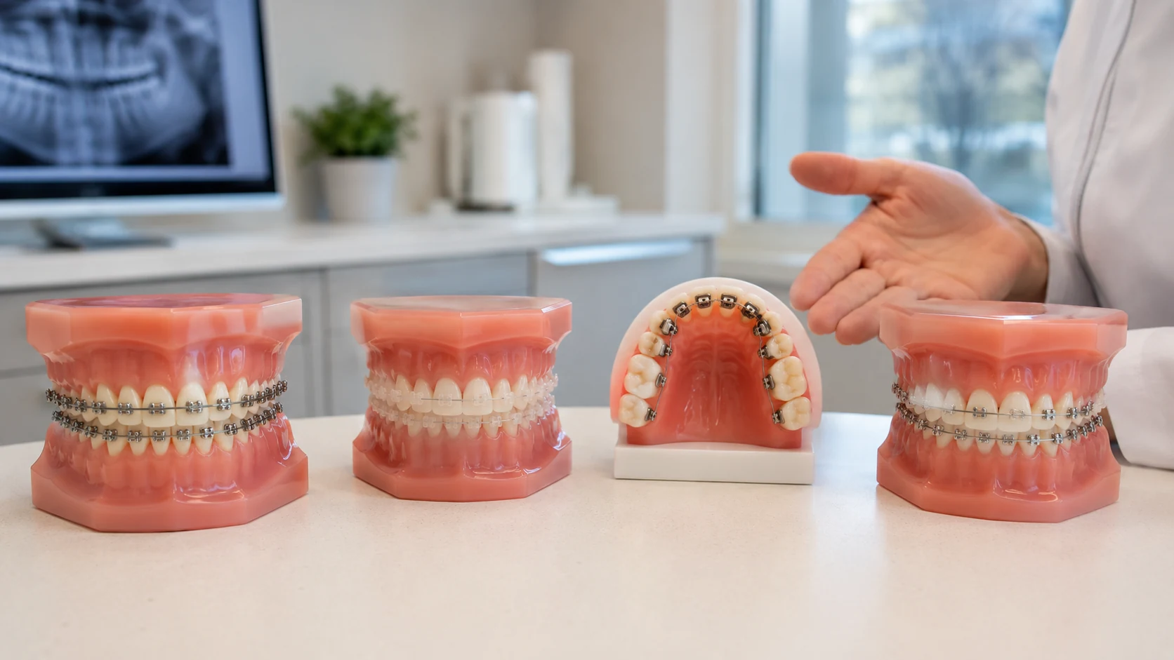 Profesional dental explicando alineadores invisibles a un paciente