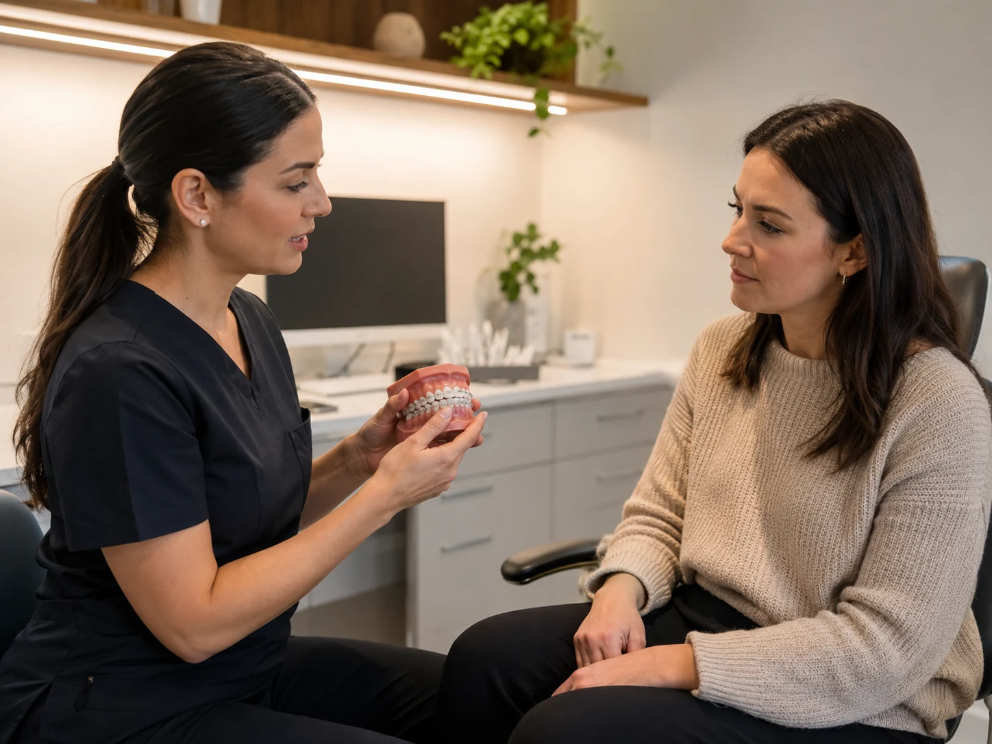 Profesional dental orientando a un paciente antes de iniciar ortodoncia