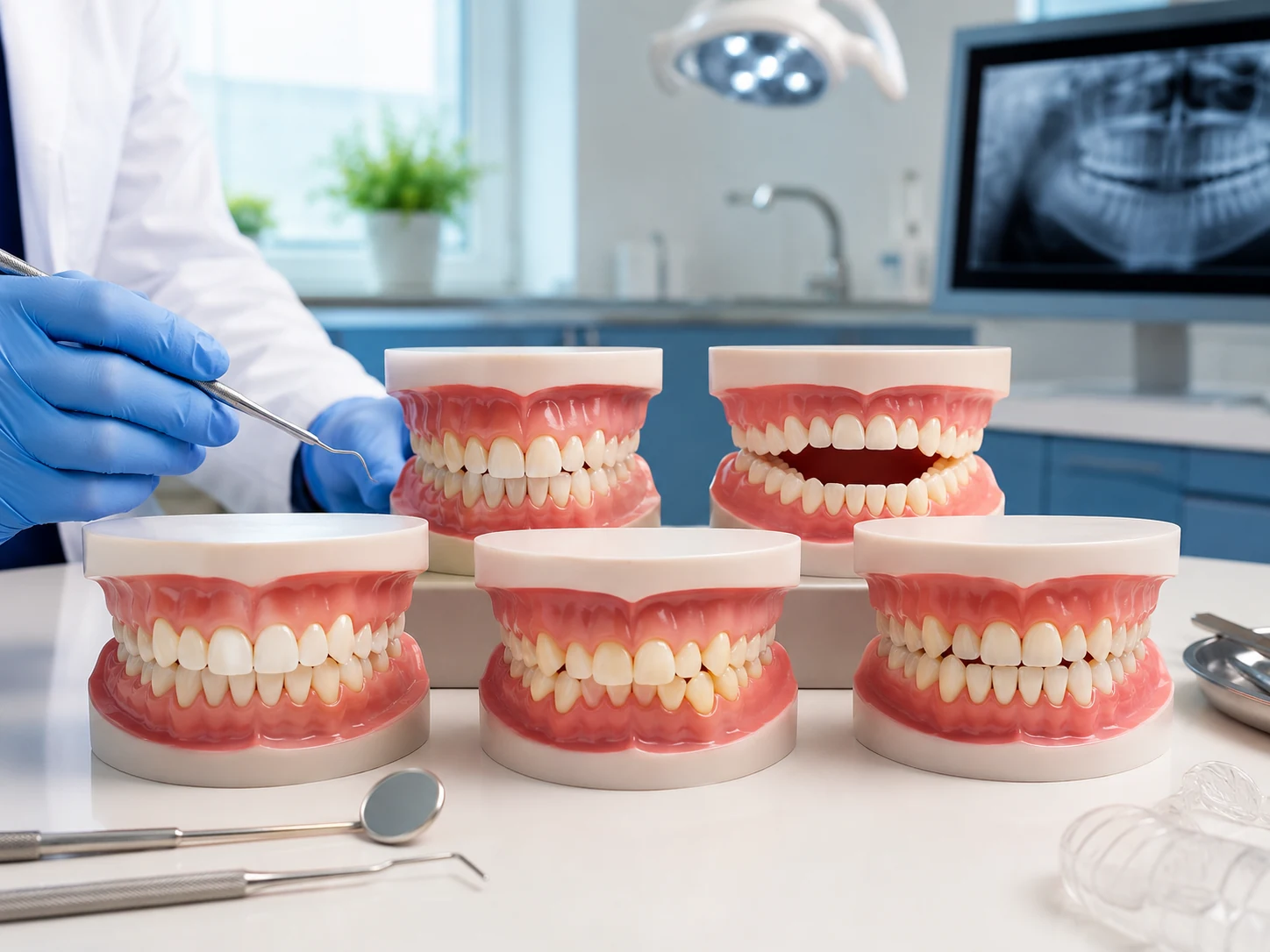 Modelo dental con dientes apiñados explicado en consulta de ortodoncia