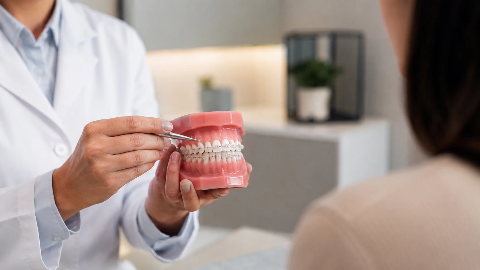 Tipos de brackets Profesional dental mostrando brackets estéticos en un modelo dental