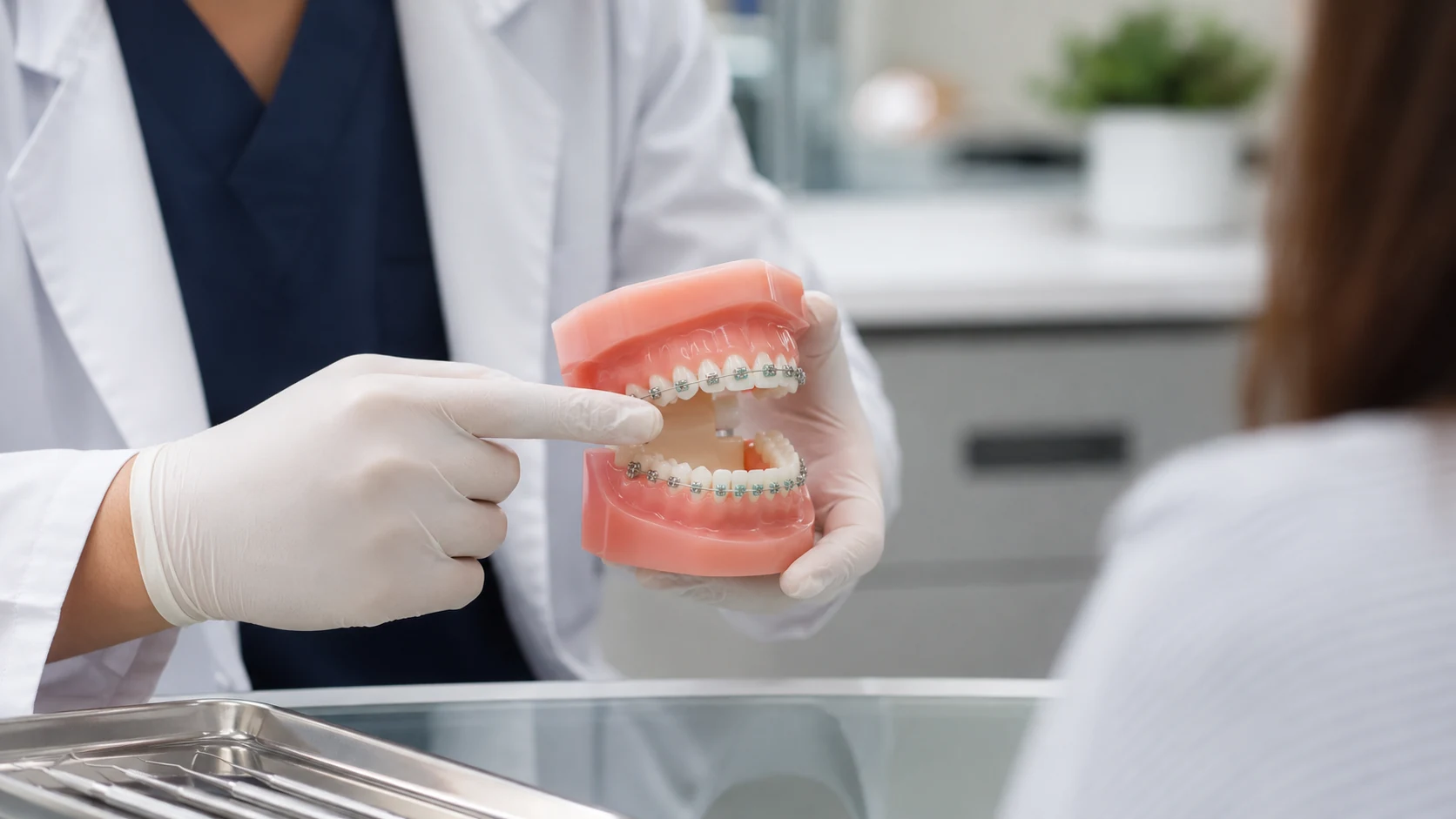 Tipos de brackets Modelo dental con brackets metálicos durante explicación de ortodoncia
