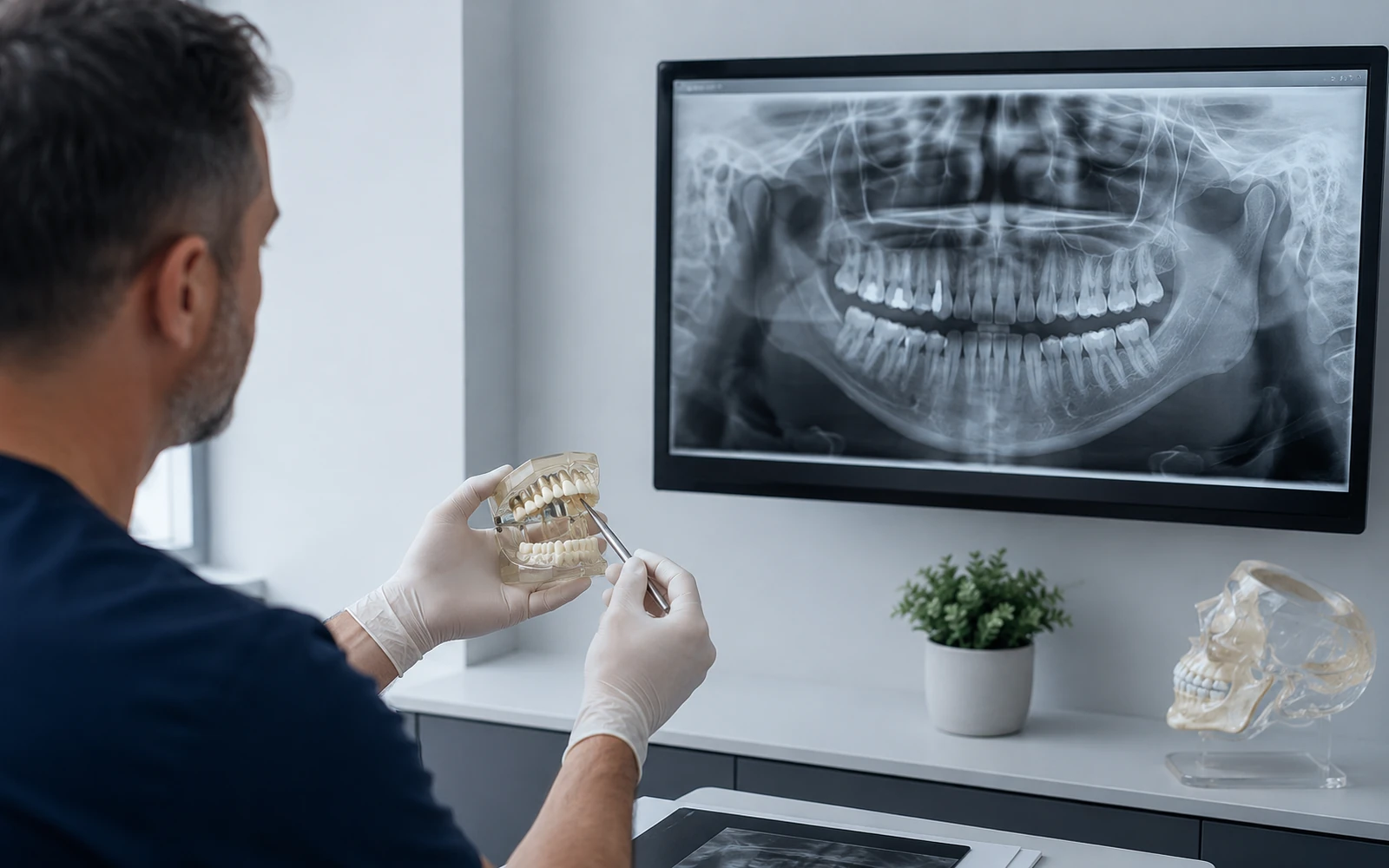 Profesional odontológico revisando una radiografía panorámica y un modelo dental antes de planificar una cirugía oral.