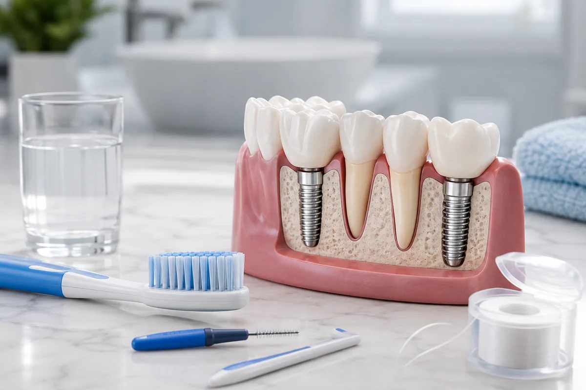 Modelo de implantes dentales con elementos de higiene para su mantenimiento.