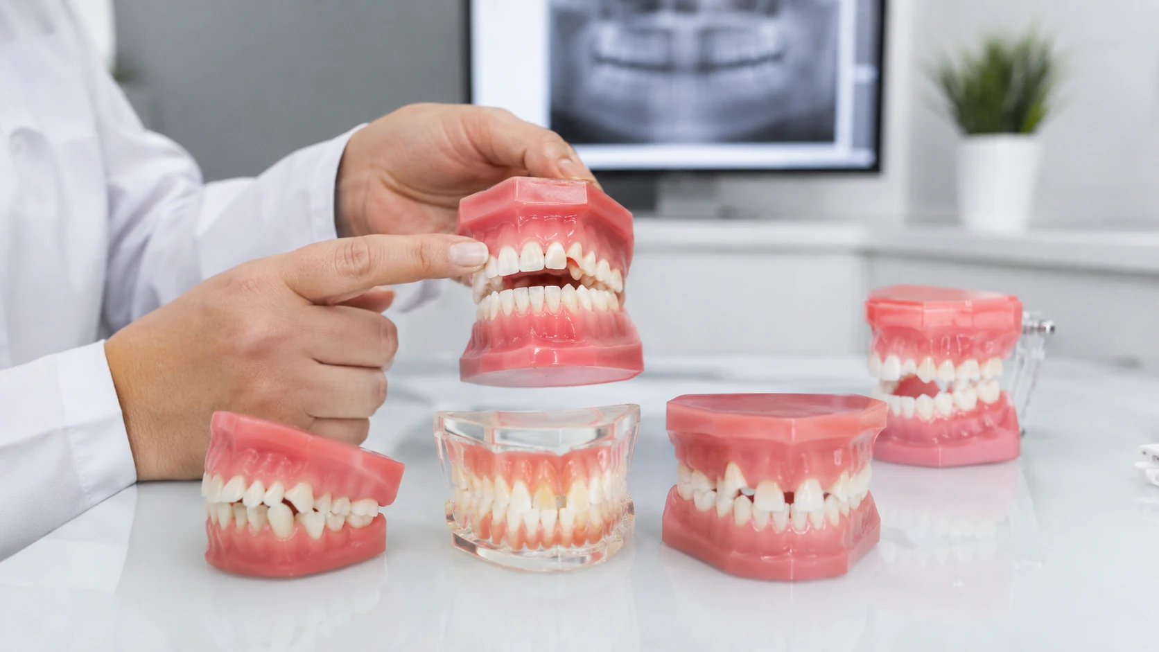Modelo dental mostrando apiñamiento espacios y mordida irregular