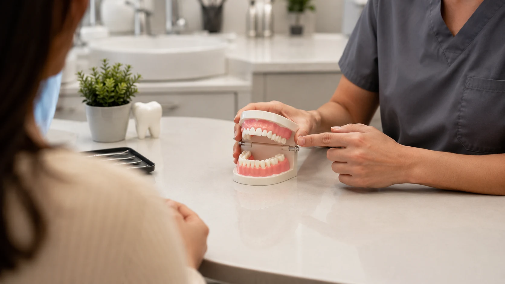 Profesional dental revisando la mordida con un modelo dental en consulta