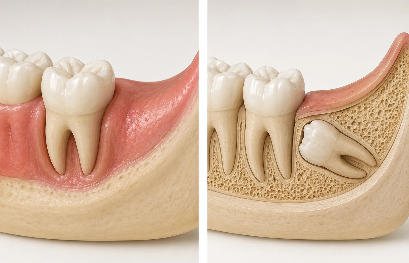 Ilustración dental comparativa de un diente erupcionado y una pieza retenida para explicar extracción simple y quirúrgica.