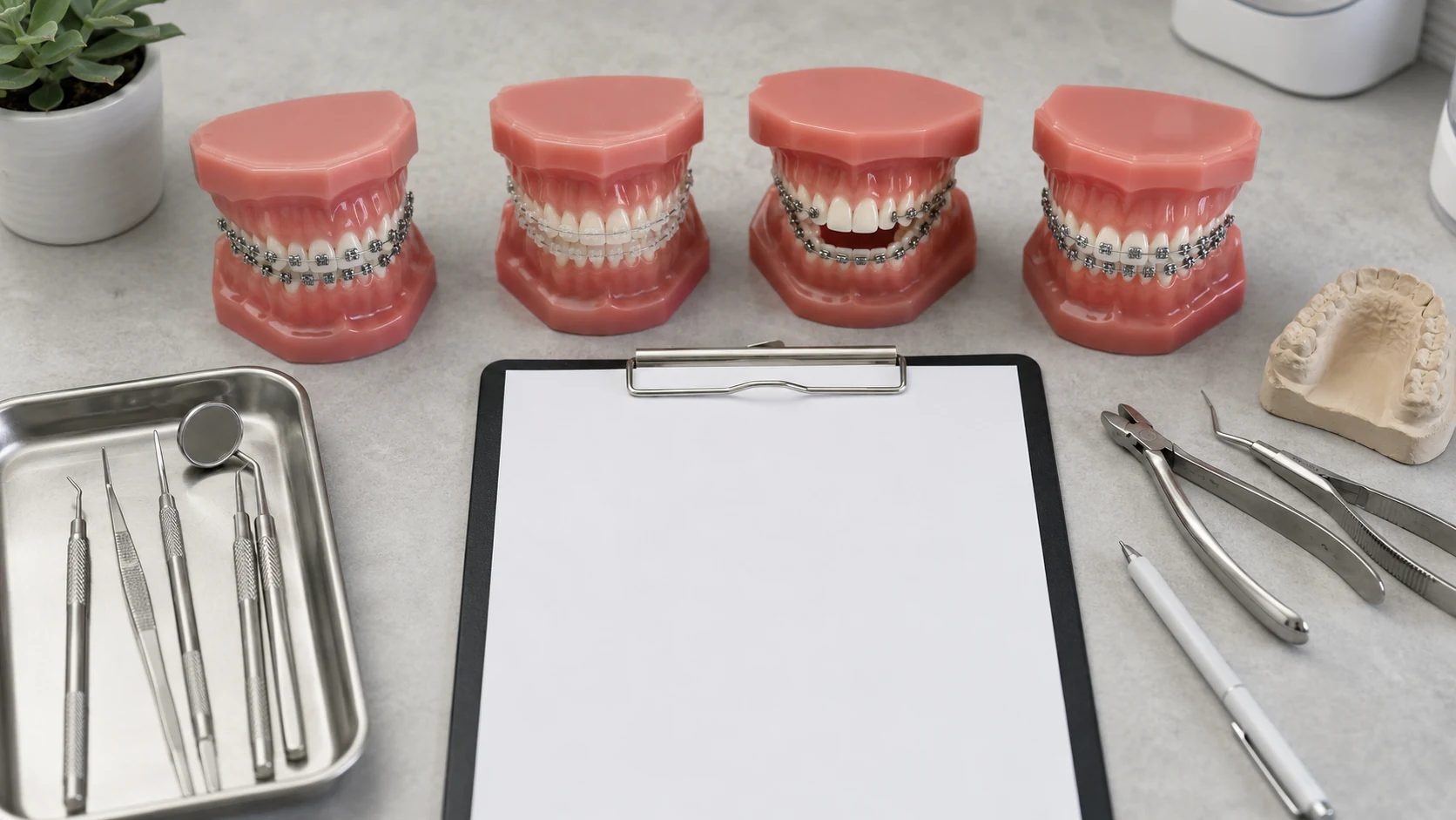 Tipos de brackets Tipos de brackets sobre una mesa de valoración con herramientas odontológicas