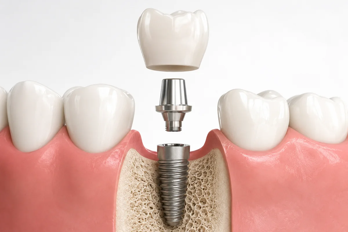 Modelo educativo con implante dental, pilar y corona como componentes separados.