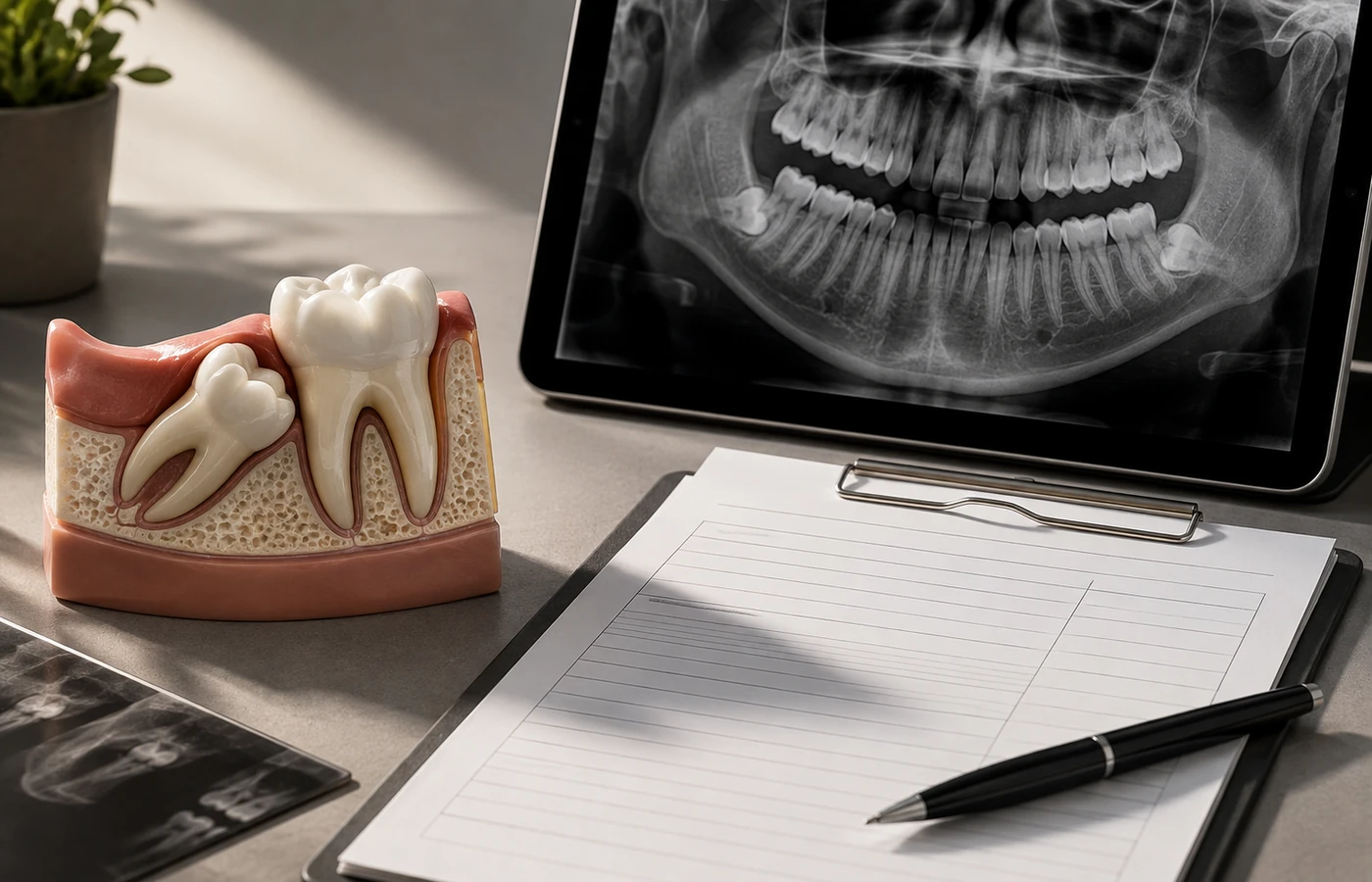 Modelo dental y radiografía junto a una hoja de presupuesto sin cifras para representar variables del precio de cirugía oral.
