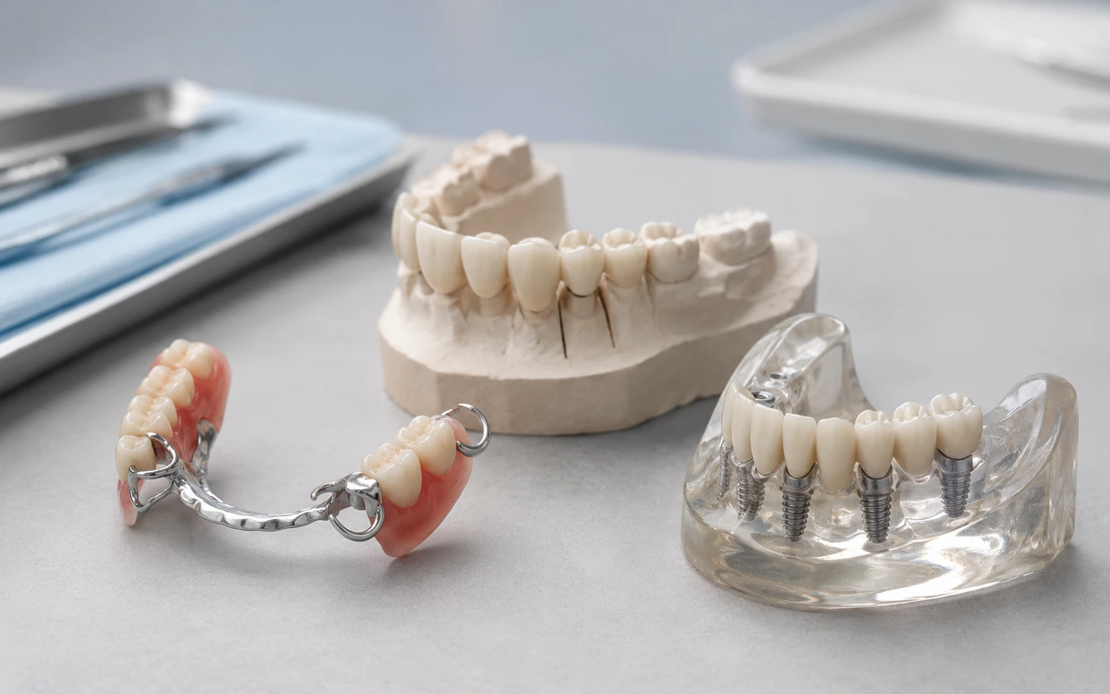 Ilustración educativa de una arcada dental con conceptos de prótesis removible, puente y soporte sobre implantes.