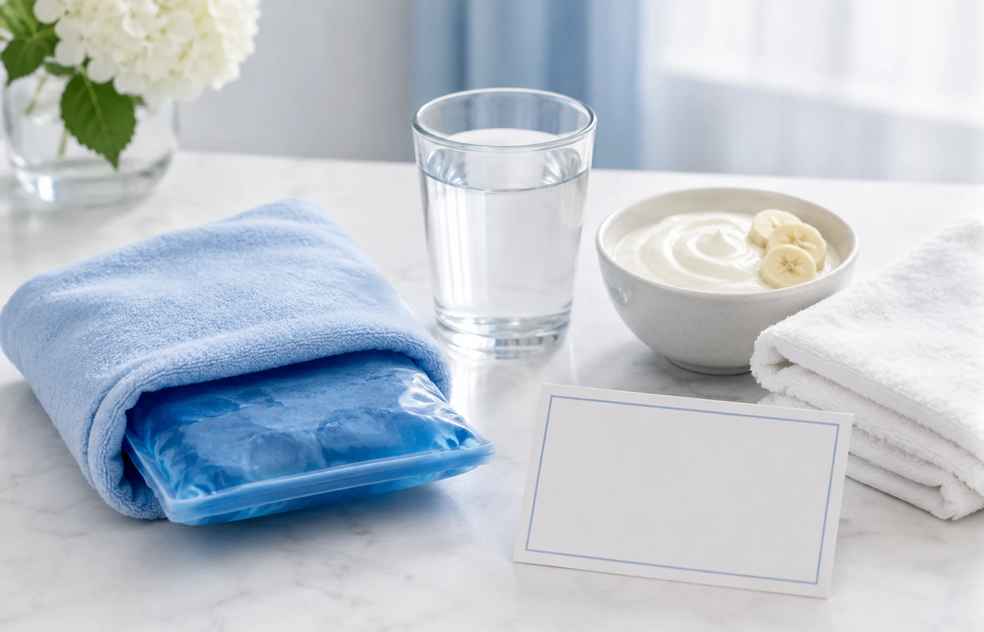 Escena educativa con compresa fría, vaso de agua y alimentos blandos para representar recuperación después de cirugía oral.