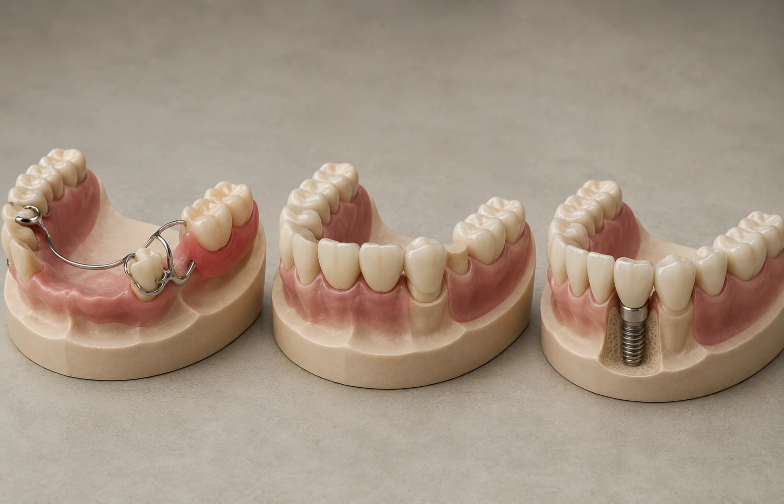 Ilustración comparativa de un puente fijo, una prótesis removible y dientes soportados por implantes.