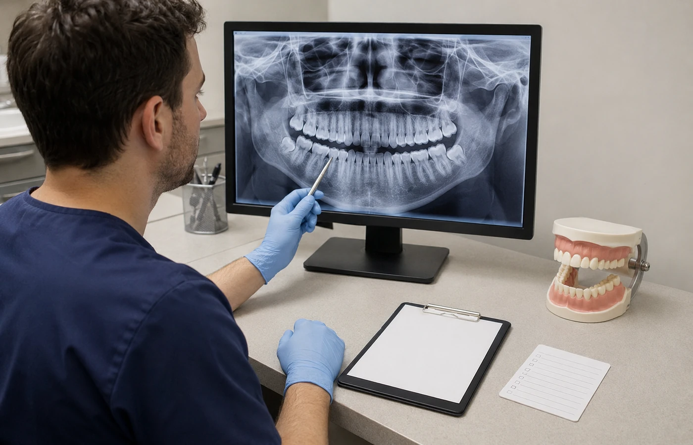 Odontólogo revisando radiografía panorámica, historia clínica y modelo dental antes de decidir una cirugía.