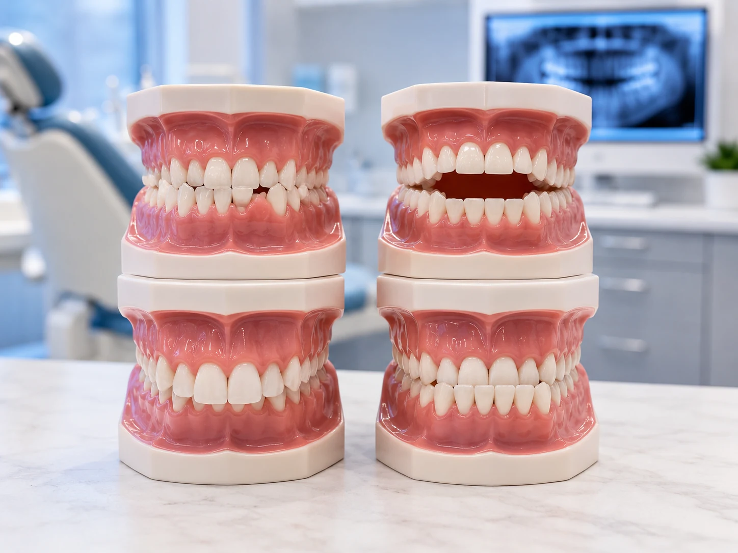 Profesional dental explicando maloclusiones con modelos dentales en consulta