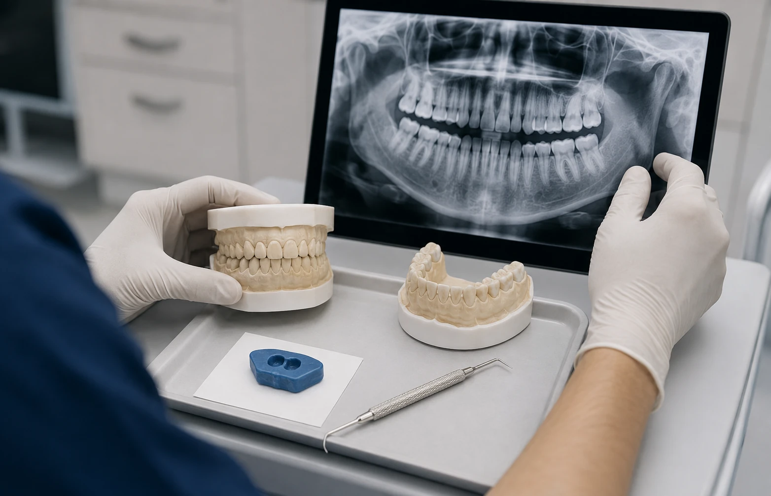 Ilustración de una arcada dental observada con lupa junto a símbolos de soporte y evaluación.