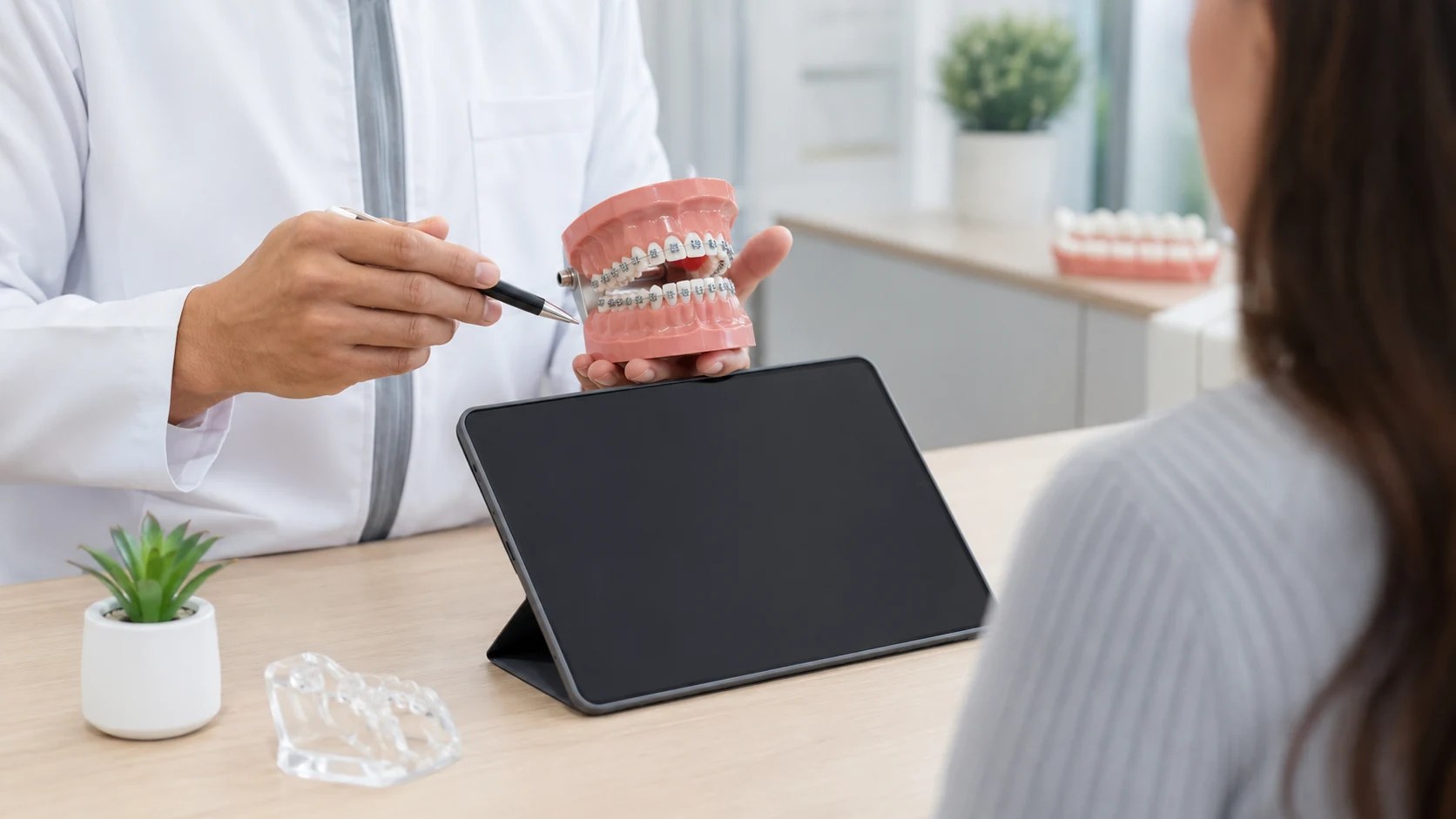 Profesional dental explicando señales de ortodoncia durante una valoración