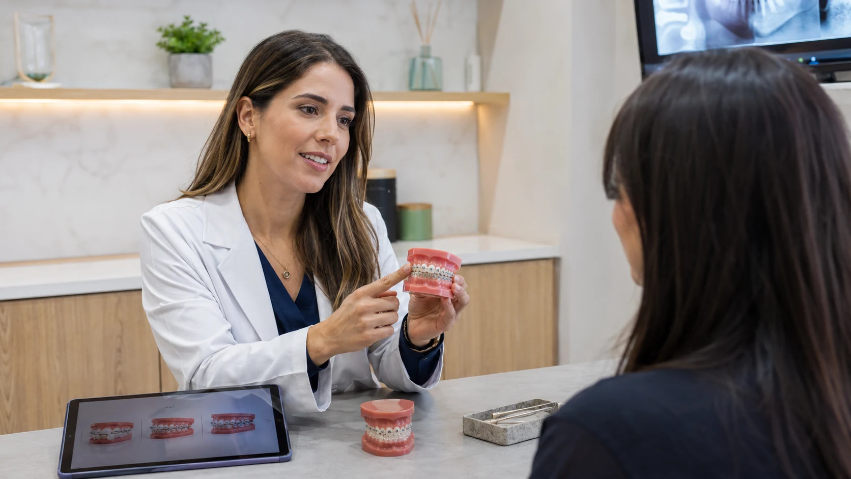 Tipos de brackets Profesional dental explicando opciones de brackets a un paciente