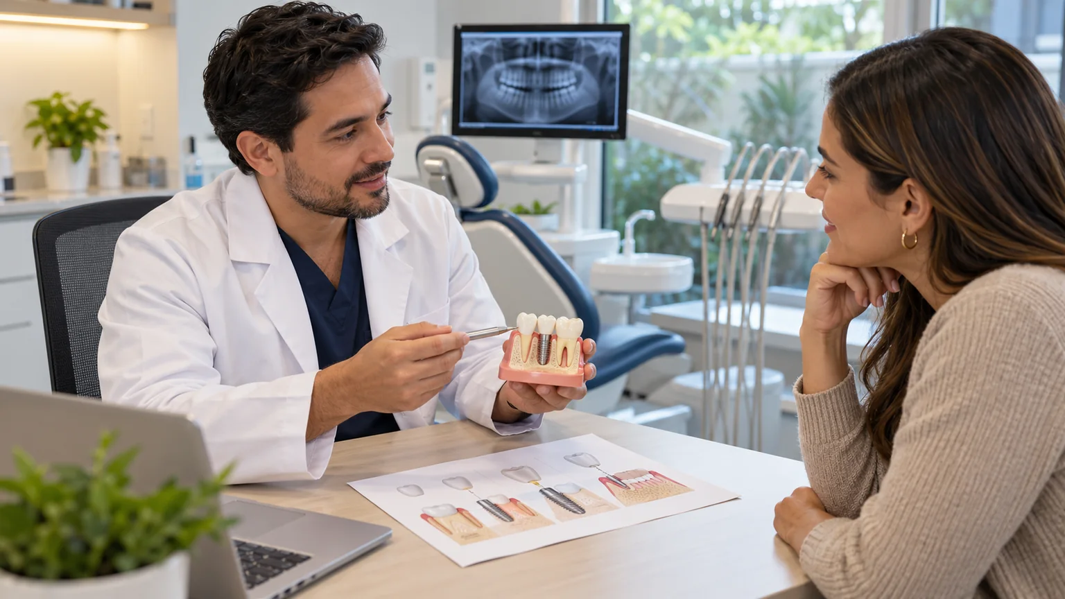 Paciente conversando con odontólogo sobre una rehabilitación con implante dental