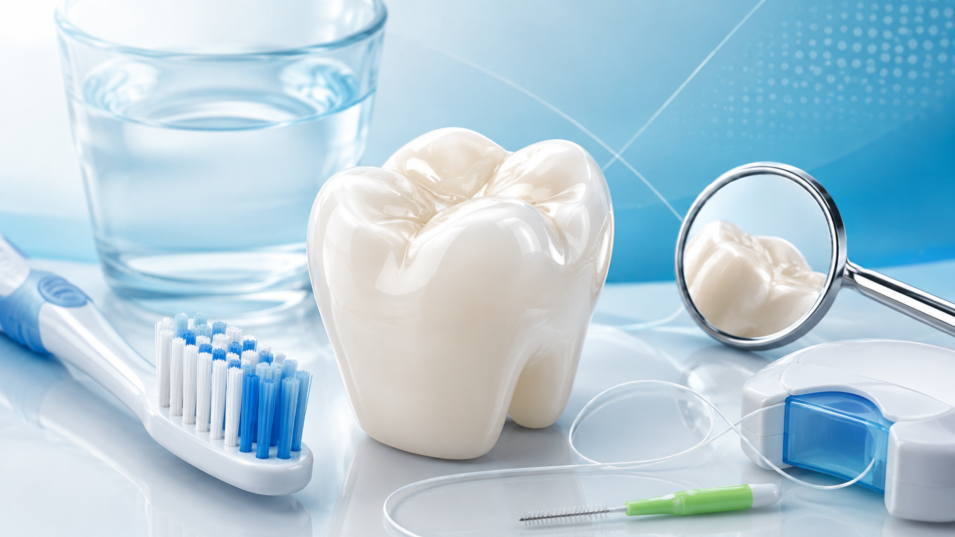 Modelo dental junto a cepillo, hilo dental y espejo para ilustrar el cuidado de una restauración