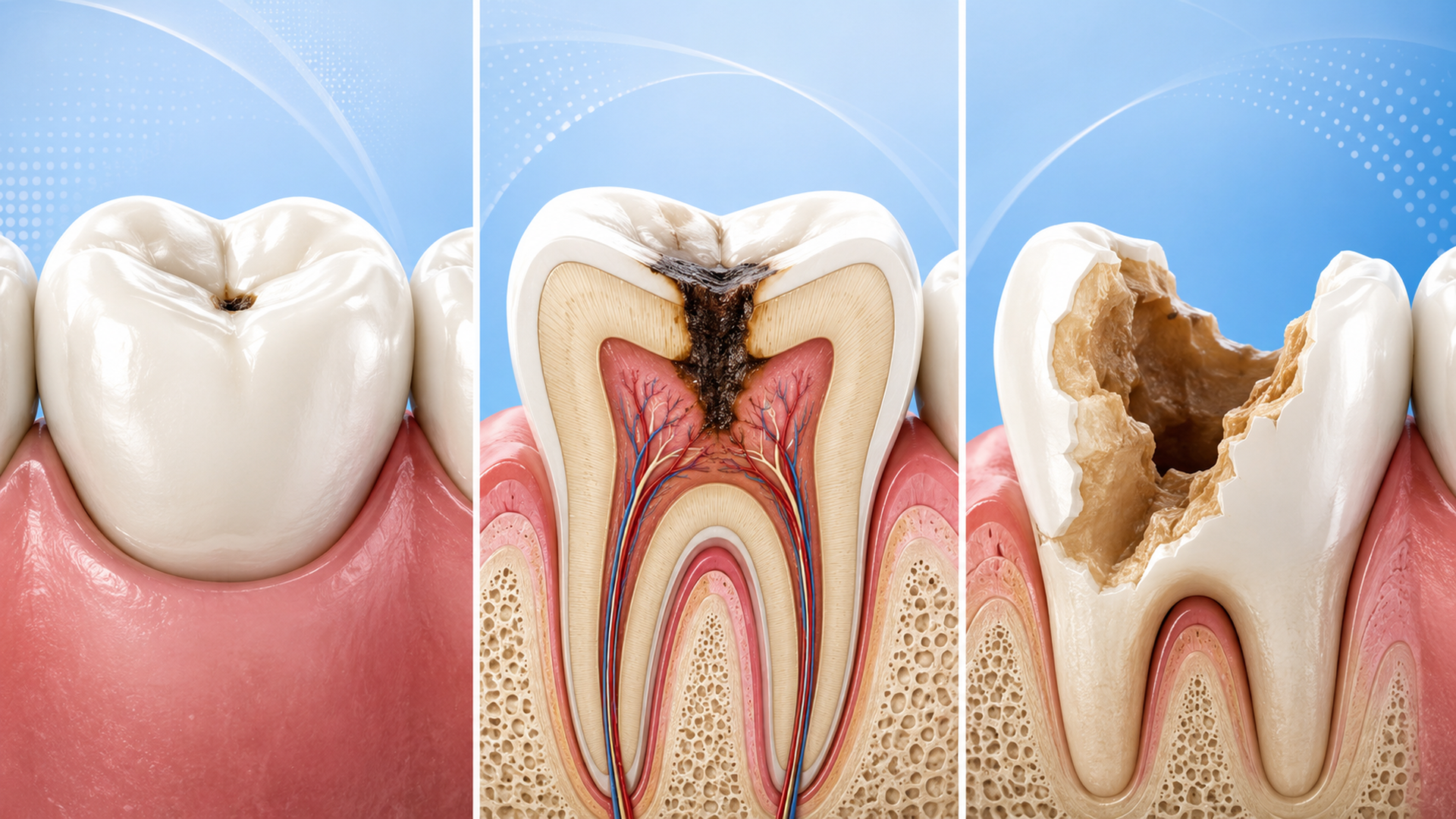 Comparación educativa de daño dental limitado, afectación profunda del interior del diente y pérdida extensa de estructura