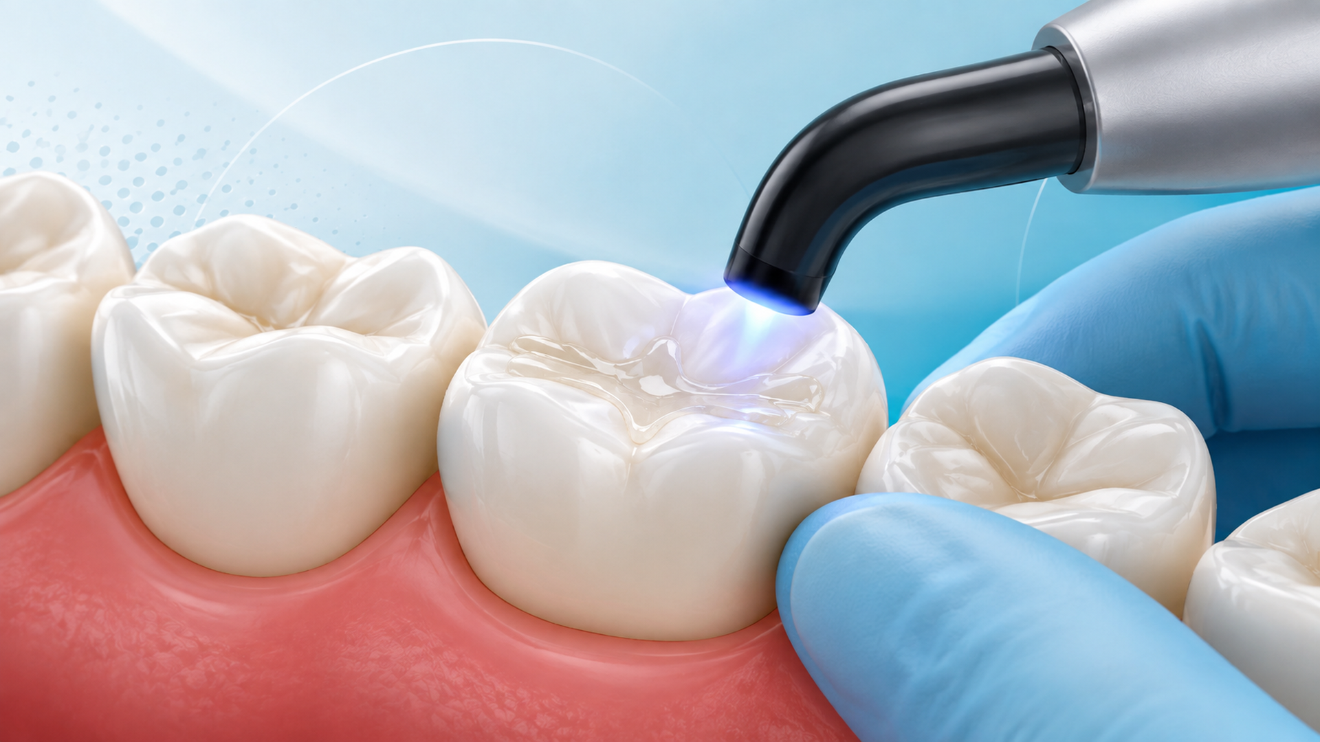 Curado con luz azul de una restauración en resina sobre un modelo dental