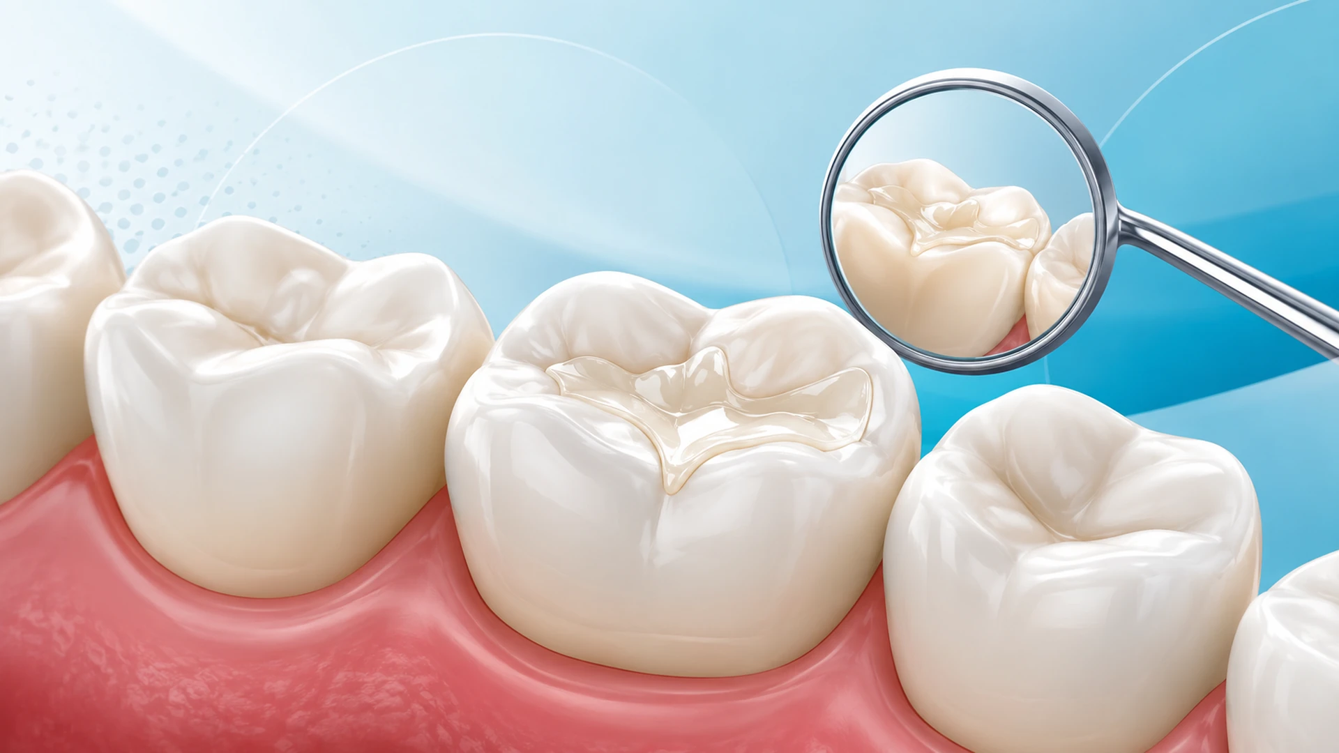 Ilustración clínica de molares con una restauración del color del diente observada con espejo dental