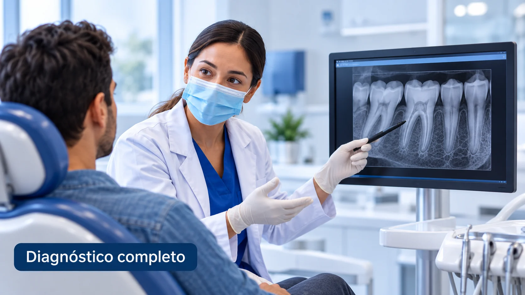 Endodoncia o extracción: ¿cuándo conviene salvar el diente y cuándo extraerlo? Dentista explicando una radiografía dental durante una valoración para decidir entre endodoncia o extracción