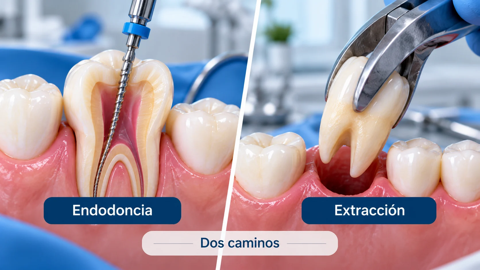 Endodoncia o extracción: ¿cuándo conviene salvar el diente y cuándo extraerlo? Comparación visual entre el camino de endodoncia y el camino de extracción dental