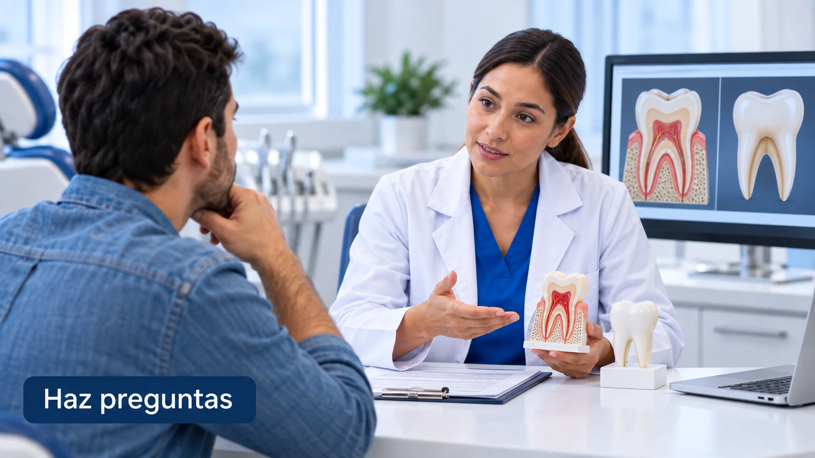 Endodoncia o extracción: ¿cuándo conviene salvar el diente y cuándo extraerlo? Paciente conversando con una dentista sobre opciones antes de decidir entre conservar o extraer un diente
