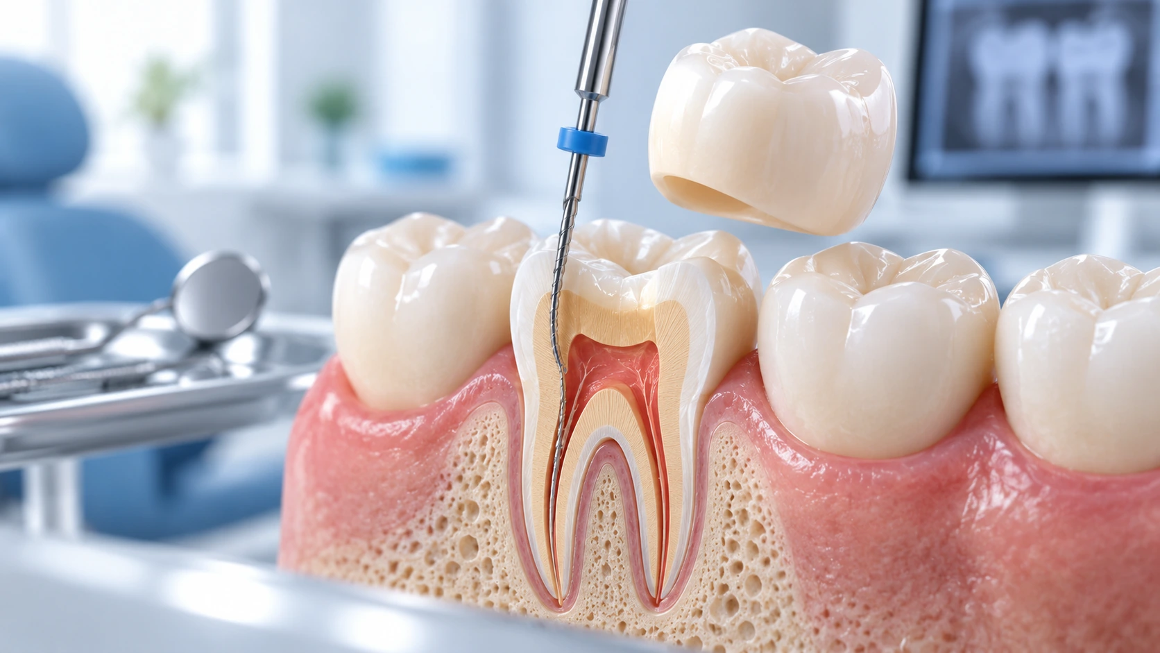 Endodoncia y corona dental para restaurar un diente tratado