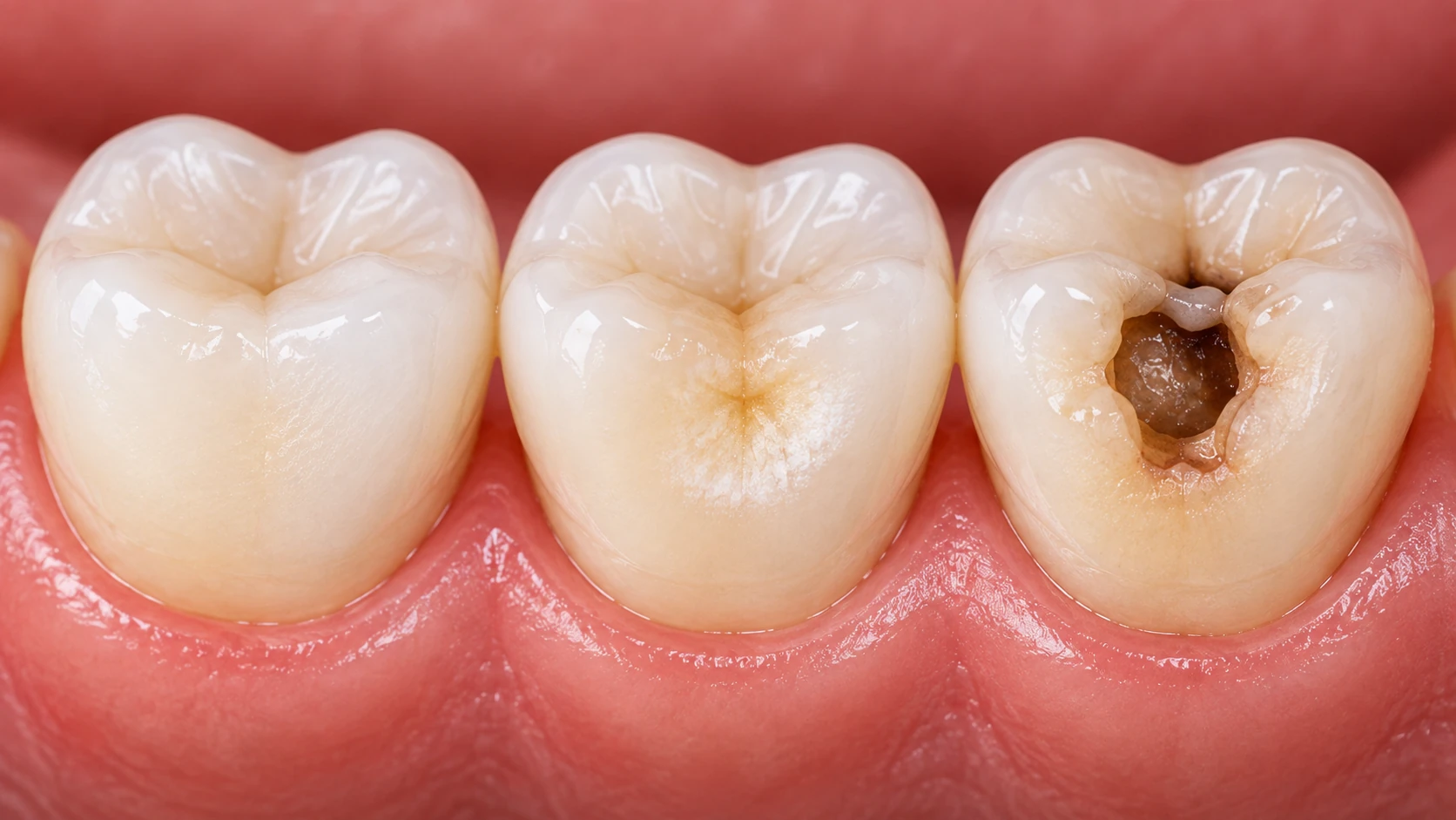 Caries dental: síntomas, diagnóstico y opciones de tratamiento Comparación educativa entre una superficie dental sana, una lesión inicial y una cavidad