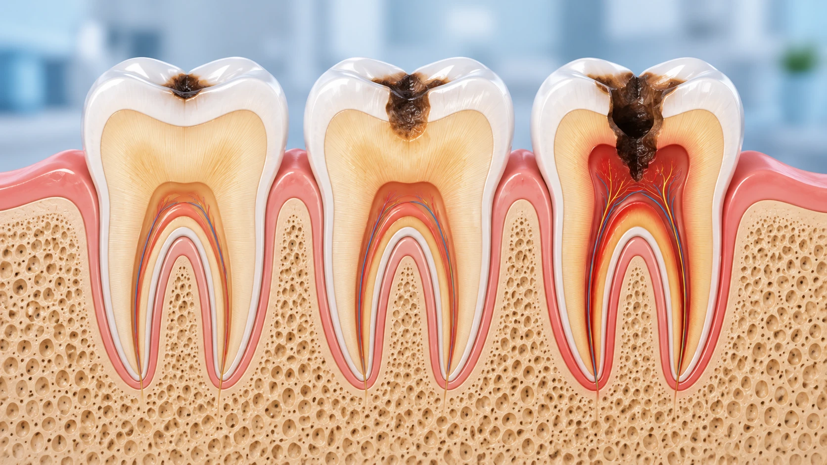 Caries dental: síntomas, diagnóstico y opciones de tratamiento Ilustración educativa de caries superficial, más profunda y cercana a la pulpa