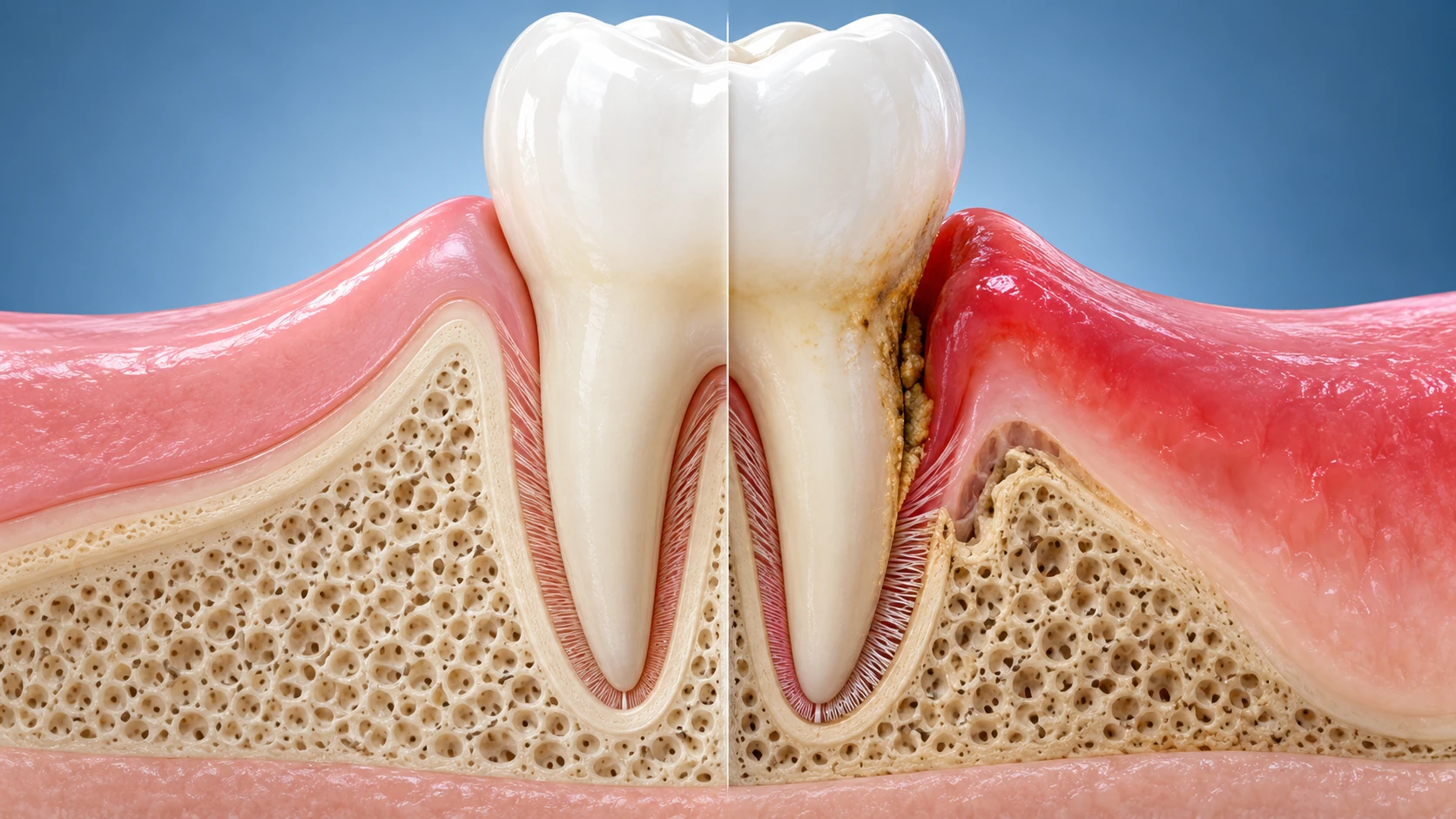 Ilustración dental que compara encía y soporte alrededor de un diente sano con cambios asociados a enfermedad periodontal