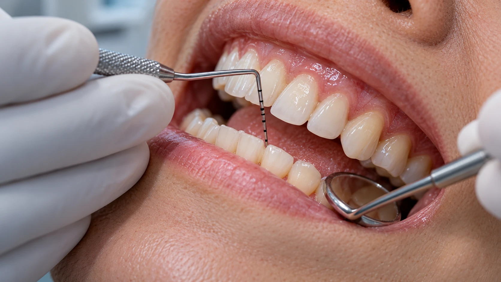 Sonda periodontal midiendo el espacio alrededor de un diente durante una evaluación de las encías