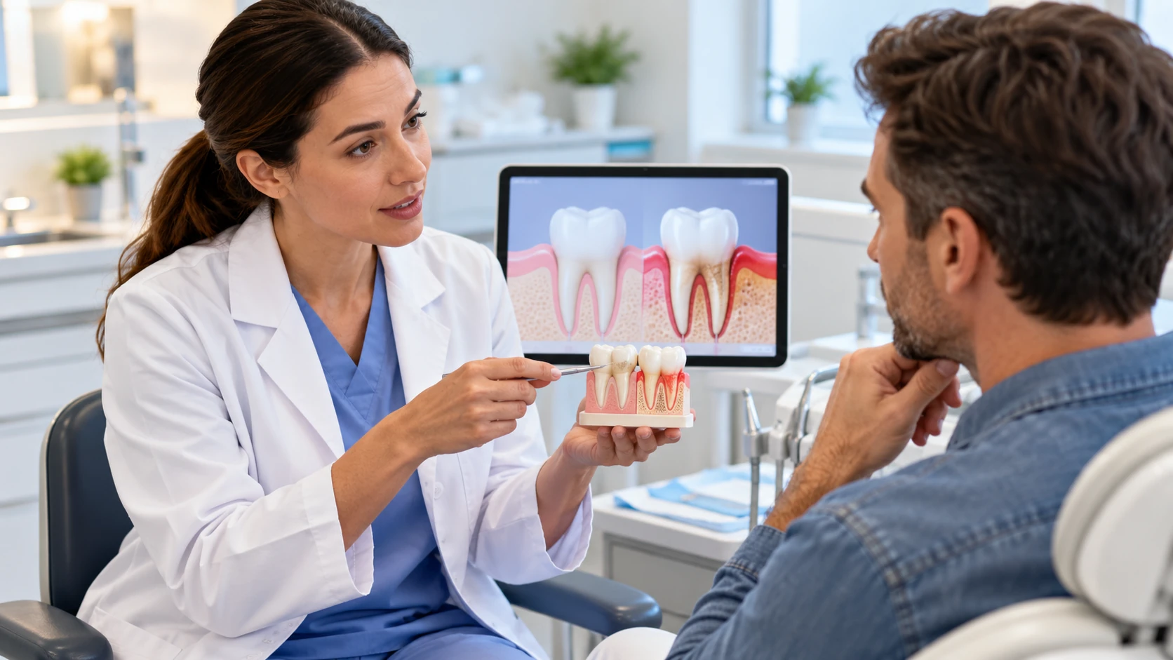 Profesional dental explicando a un paciente el estado de las encías mediante un modelo dental