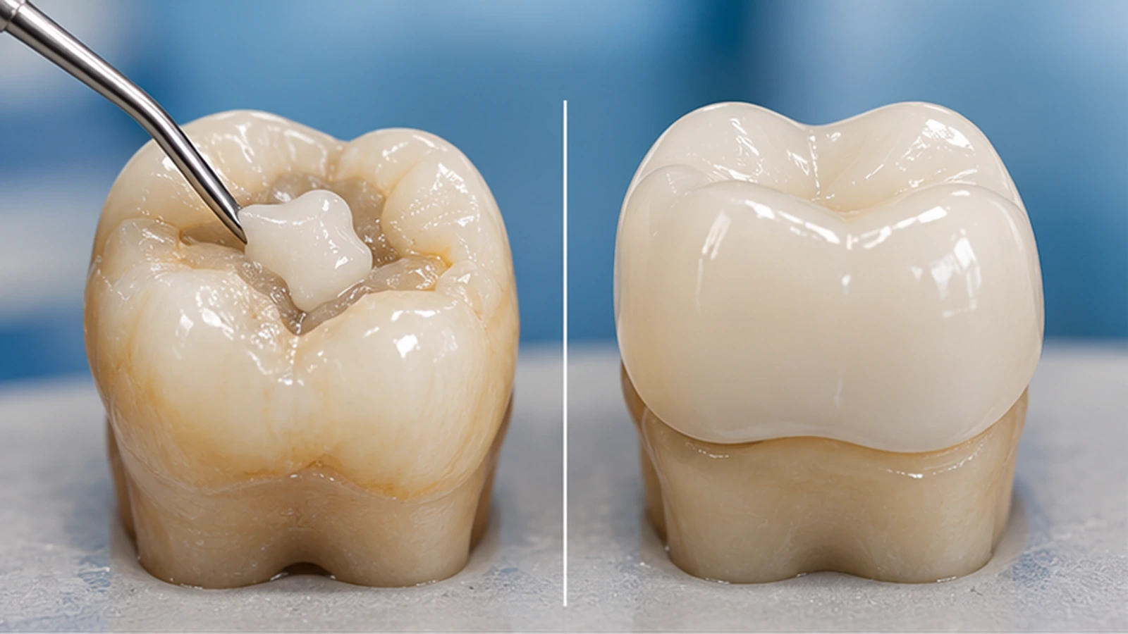 Resina o corona dental Comparación visual entre una restauración de resina y una corona dental