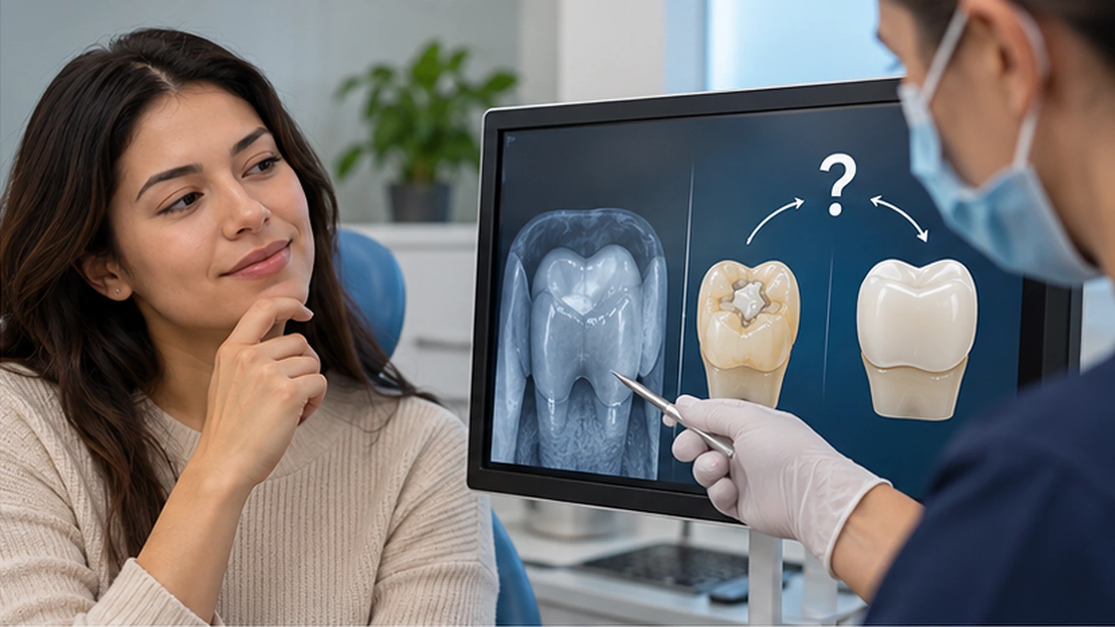 Resina o corona dental Valoración educativa de un diente para comparar restauración directa y corona