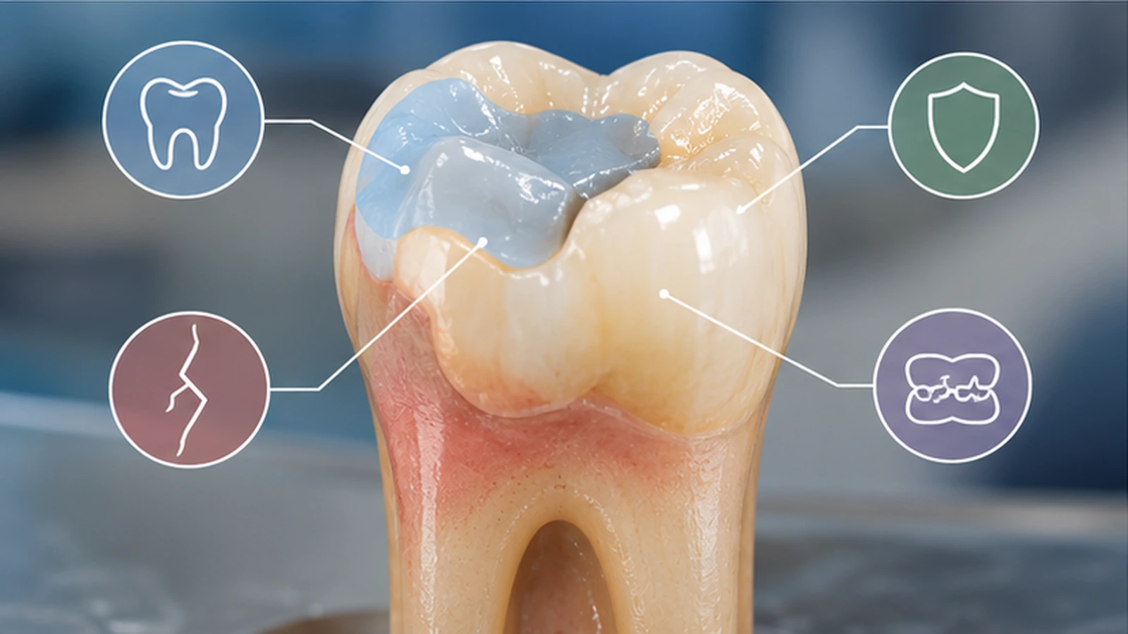 Resina o corona dental Ilustración educativa de estructura dental, restauración, carga y posible grieta
