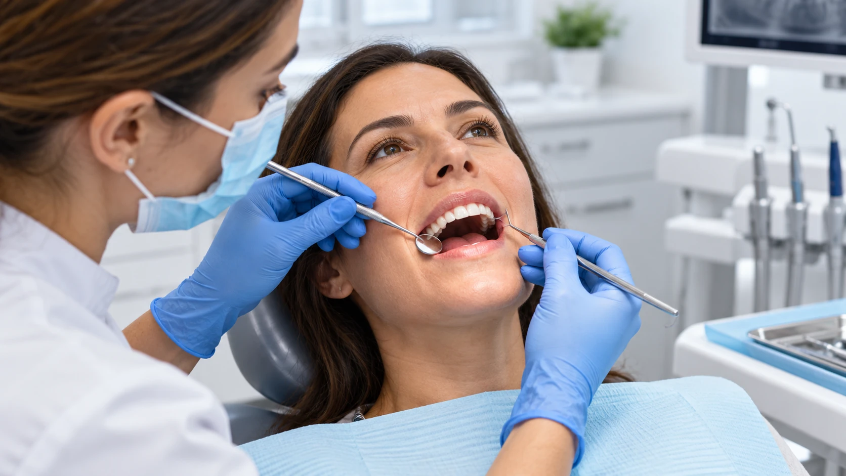 Profesional dental realizando una evaluación periodontal a una paciente en consulta