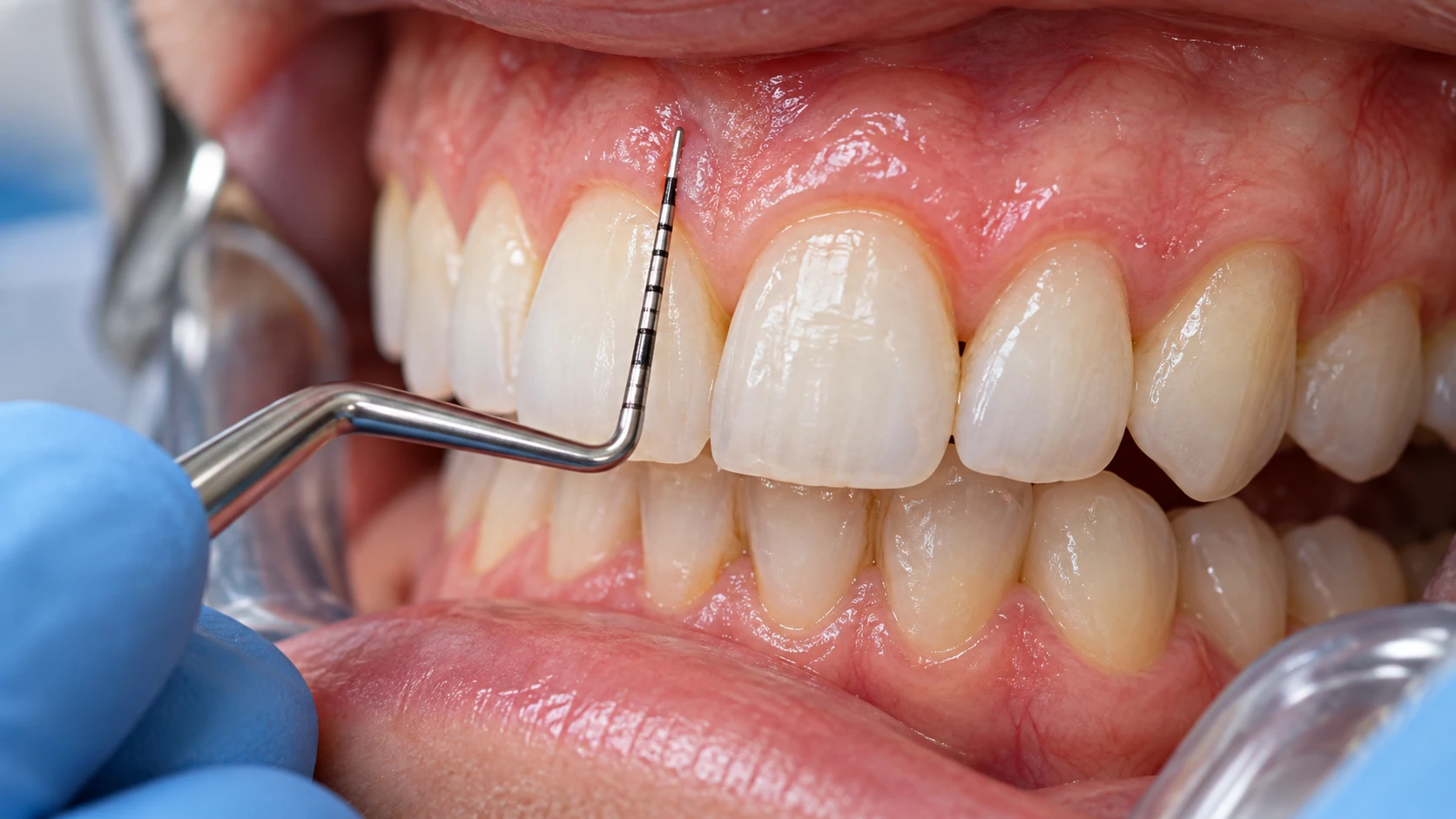 Sonda periodontal midiendo el tejido alrededor de los dientes durante una evaluación clínica