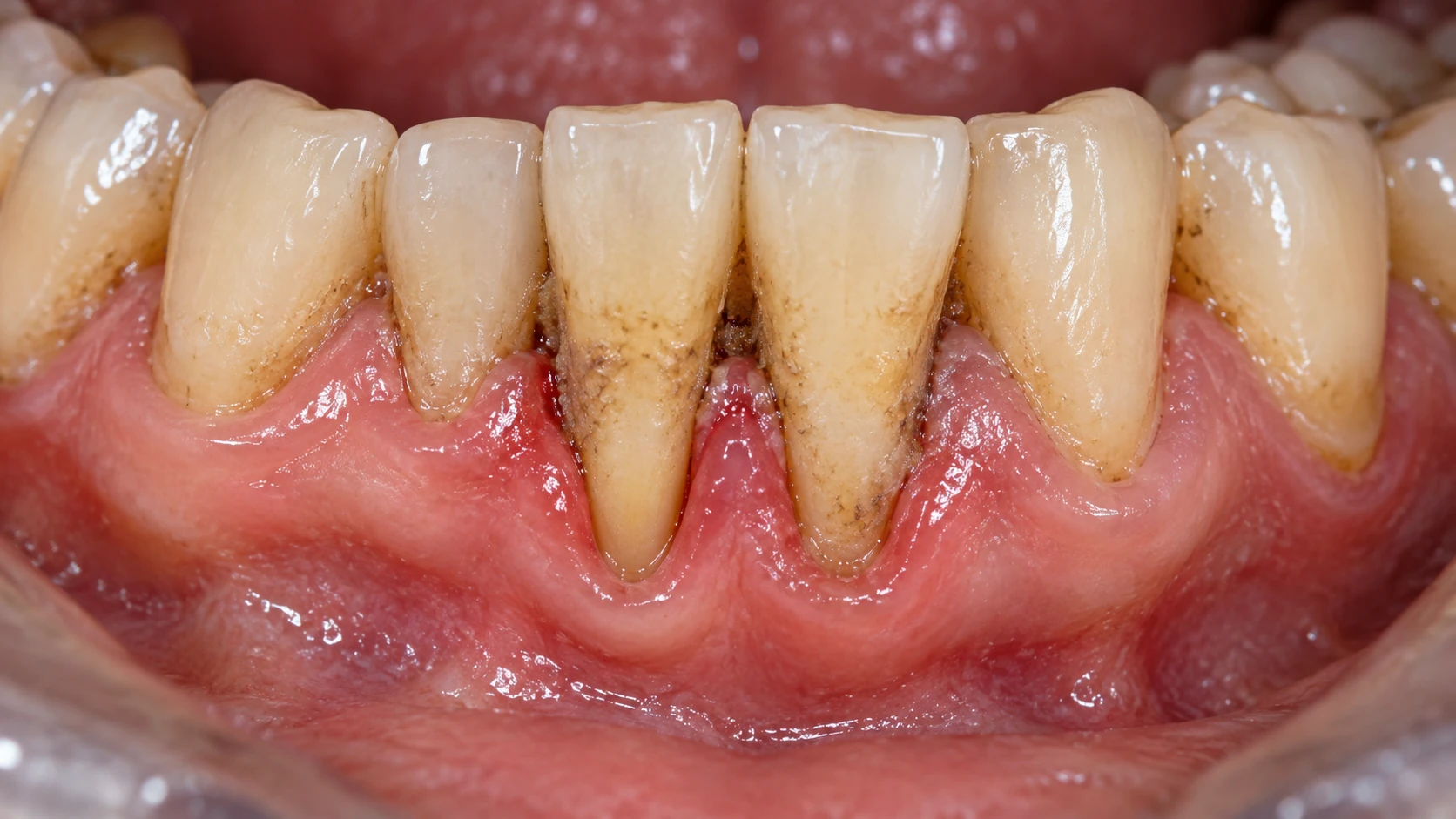 Boca real con retracción de encías y acumulación de cálculo asociadas con signos de enfermedad periodontal
