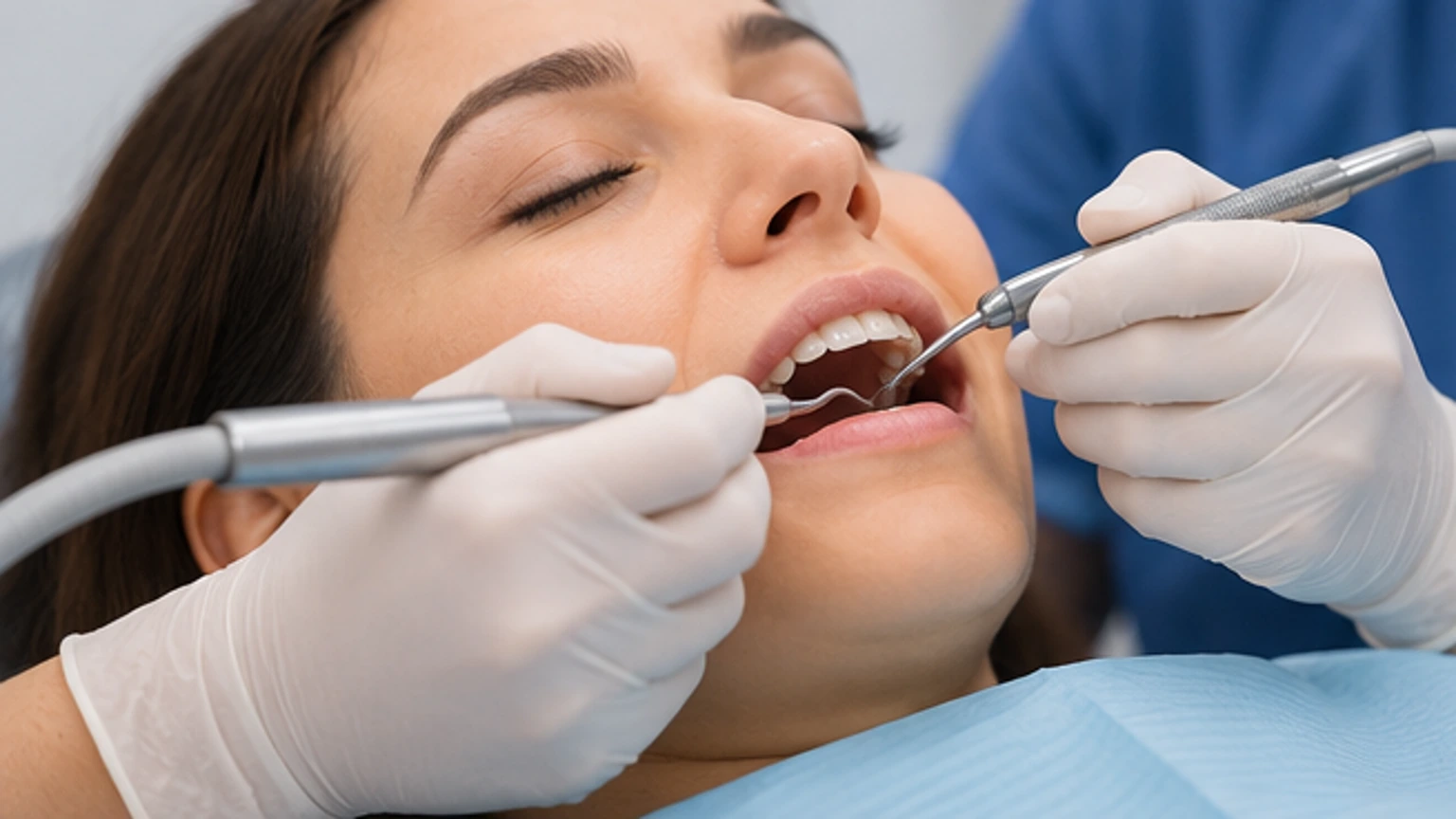 Paciente recibiendo tratamiento periodontal con instrumentación profesional en consulta dental