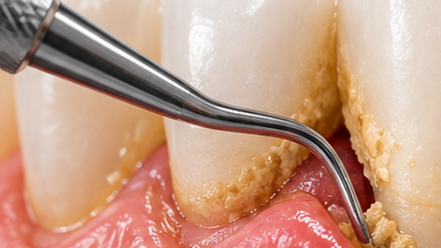 Instrumento periodontal trabajando sobre una superficie dental debajo del margen de la encía