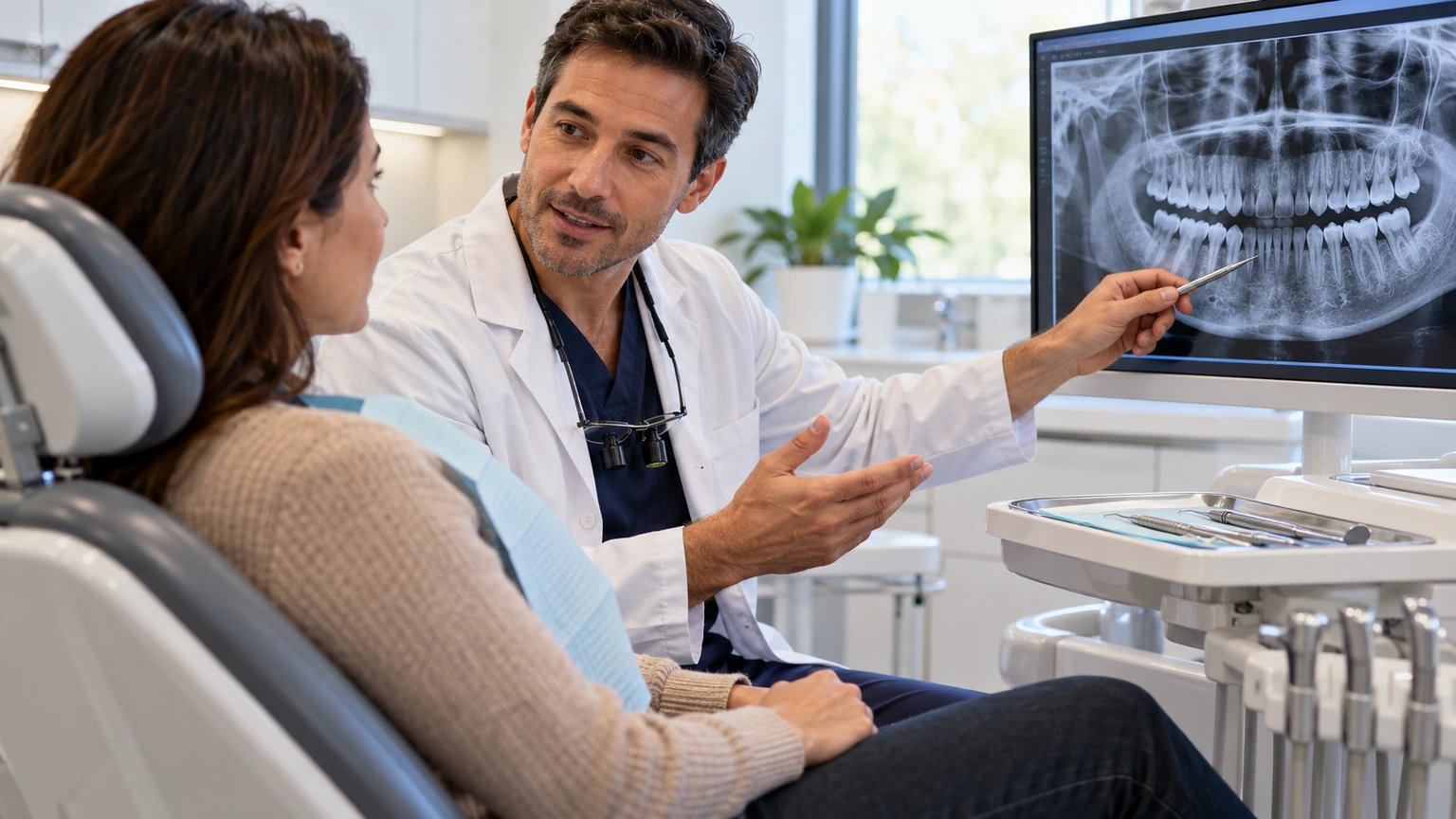 Profesional dental explicando una radiografía a una paciente durante la planificación del seguimiento periodontal